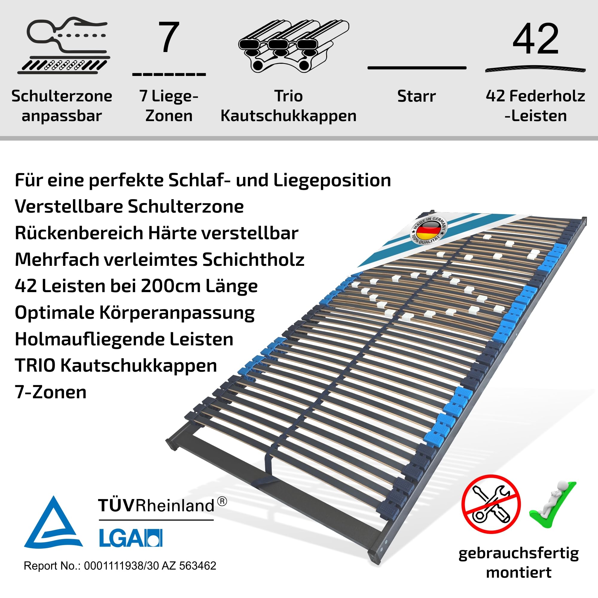 Matratzen Perfekt 7-Zonen Lattenrost 90x200cm 8,5cm Hoch Starr