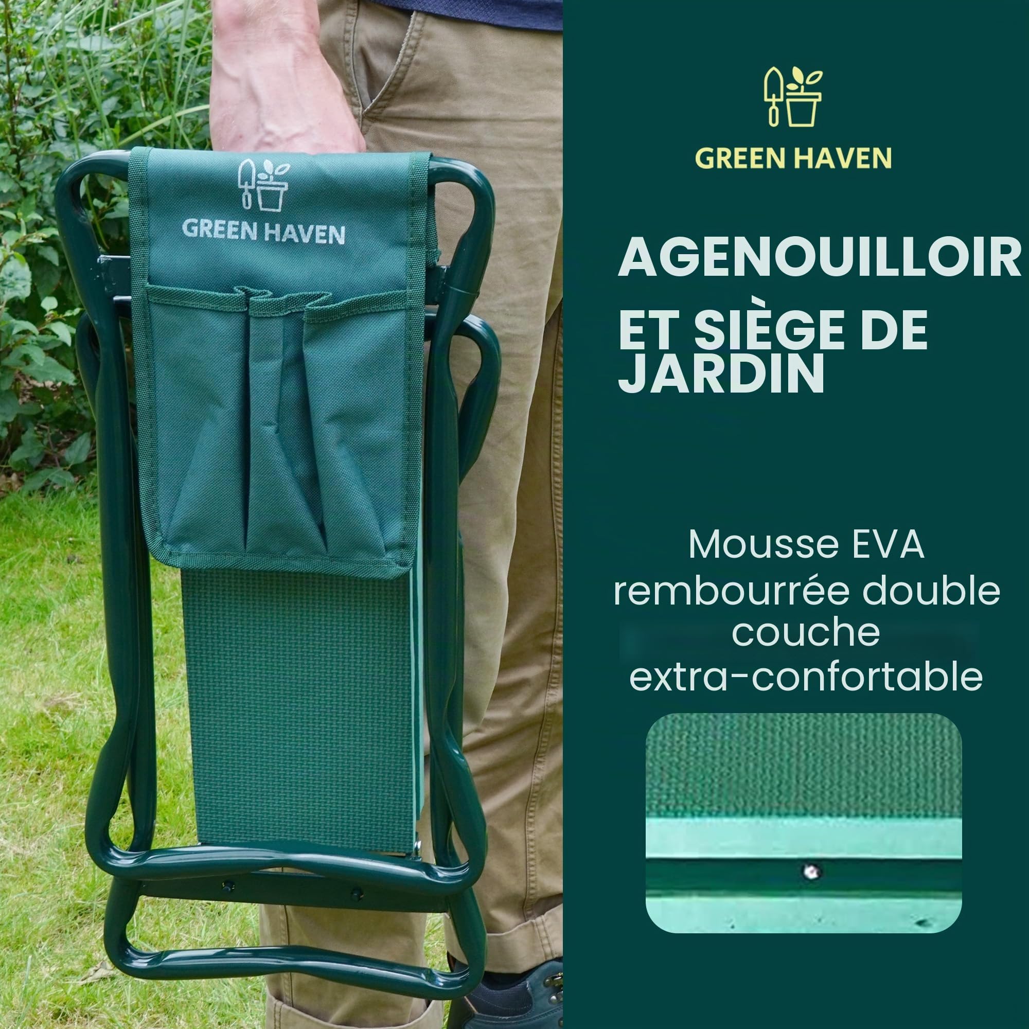 Green Haven Repose-Genoux de Jardin avec poignées et Sac à Outils – Tabouret à Genoux Pliable et Robuste pour Le Jardinage – Coussin de Genoux de Jardin rembourré en Mousse EVA, Cadeau pour Les