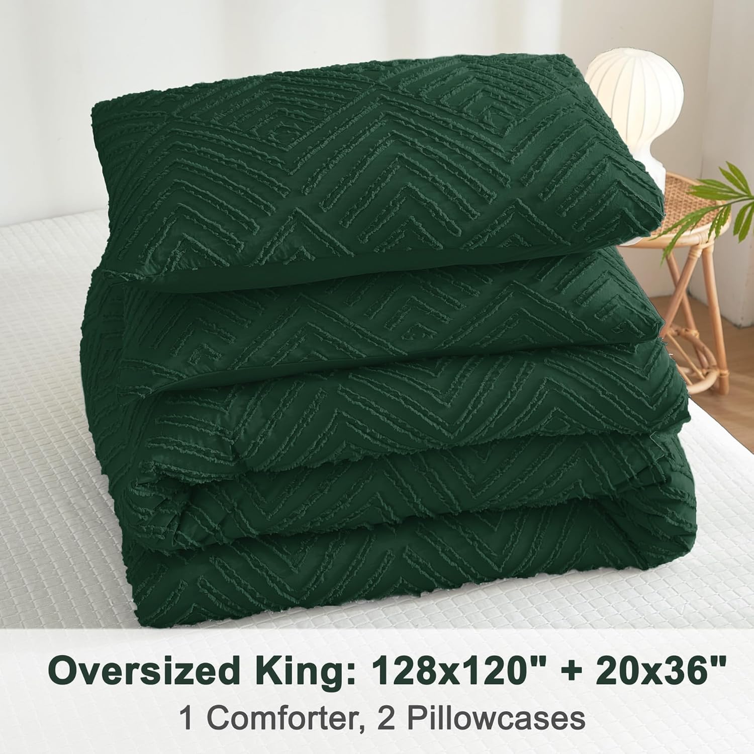 Litanika Oversized King Comforter Set Emerald Green, 3 Pieces Dark Green Tufted Boho Farmhouse Bedding Comforter Set, Lightweight Fluffy All Season Comforter Set (120x98In Comforter & 2 Pillowcases) - Image 7