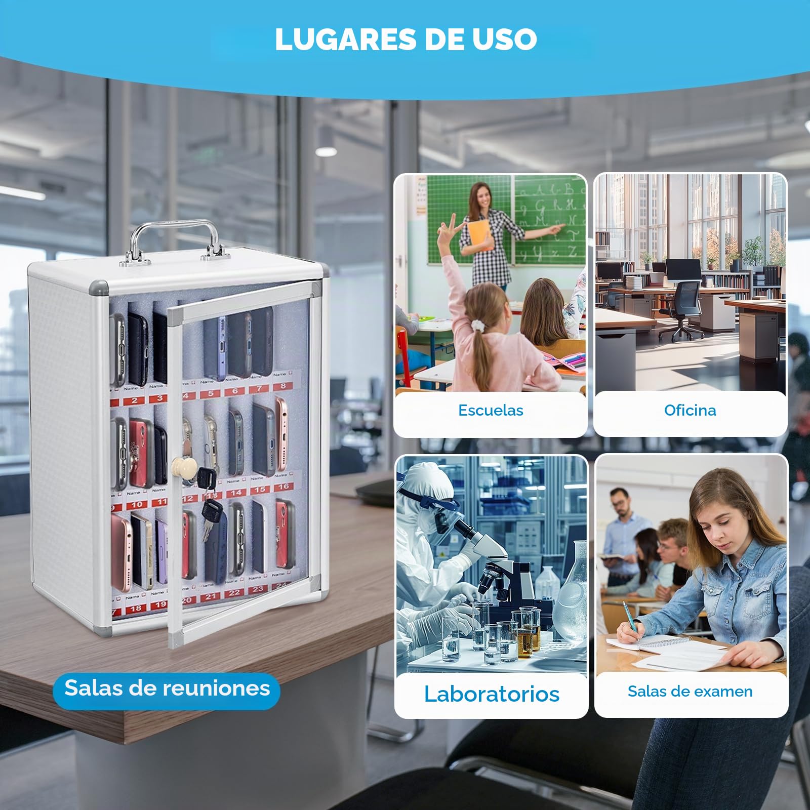 Gabinete de almacenamiento para teléfono móvil con 24 ranuras, Casillero para Teléfono Móvil Montado En La Pared,caja de almacenamiento transparente aleación de aluminio,adecuado para oficina,escuela