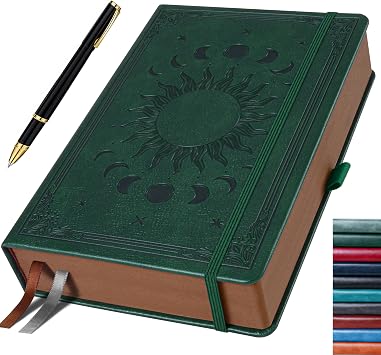 Green Journal for Men & Women, Daily for Classic Lined Writing, 360 Pages Hardcover Journaling Notebook with Pen, Vintage Sun & Moon Design, A5 5.9'' x 8.5''