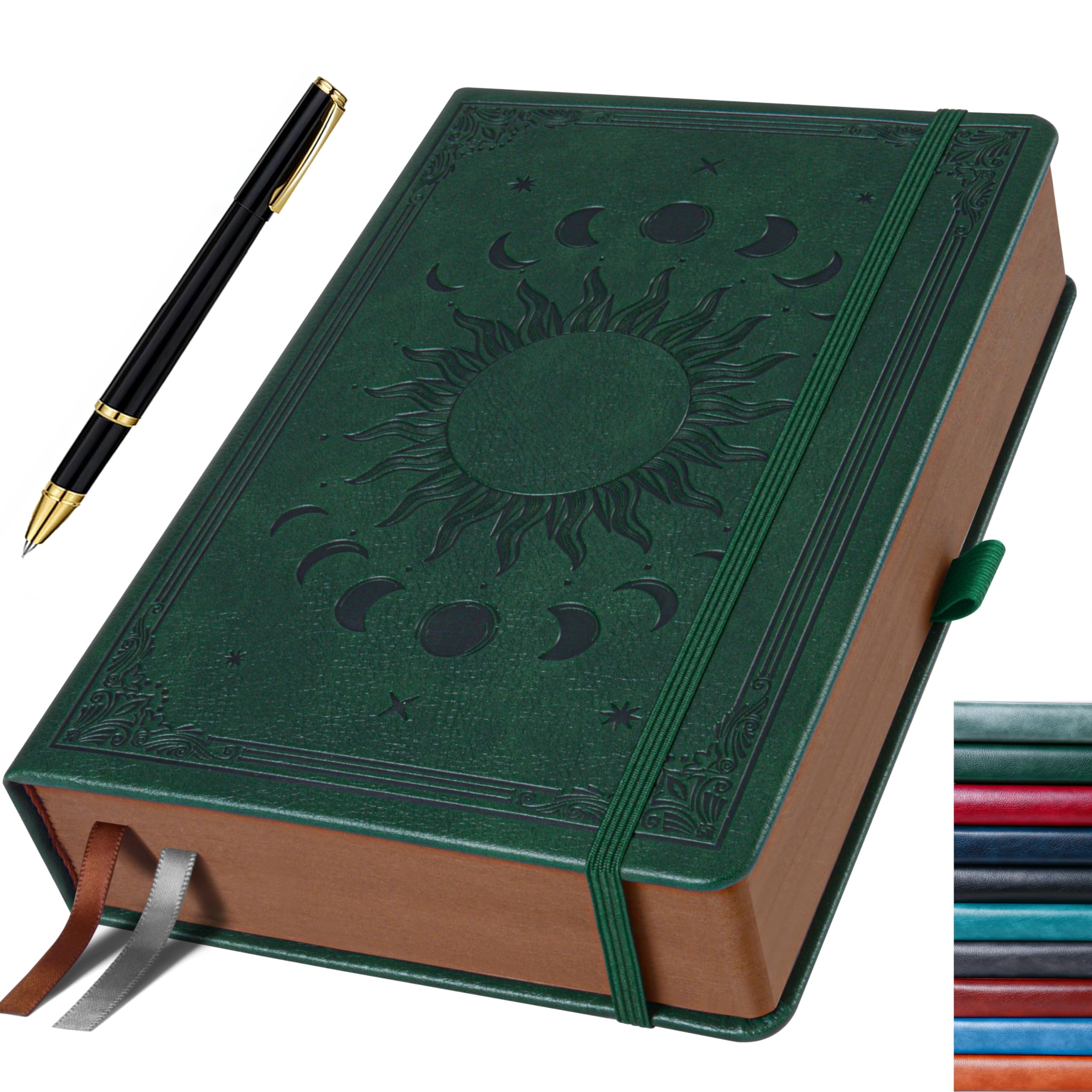 HwxBen Green Journal for Men & Women, Daily for Classic Lined Writing, 360 Pages Hardcover Journaling Notebook with Pen, Vintage Sun & Moon Design, A5