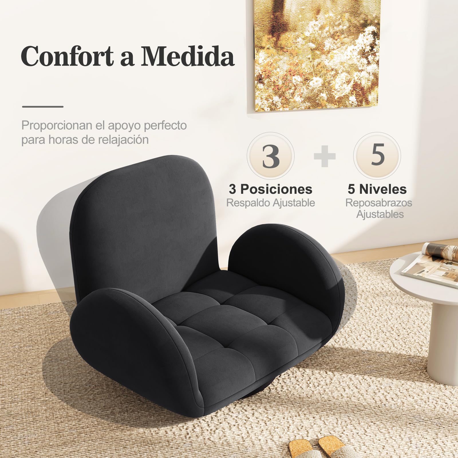 COSTWAY Silla de Suelo con Base Giratoria 360°, Sillon Lectura con Respaldo y Reposabrazos Ajustable en Multiniveles, Sillón Sofá Perezoso Reclinable para TV, Lectura y Videojuegos (Negro)