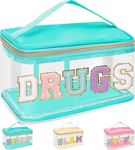 izuzta Bolsas de maquillaje transparentes con letras de chenilla, bolsa de maquillaje de parche preppy con asa, DROGAS-Verde, Moda
