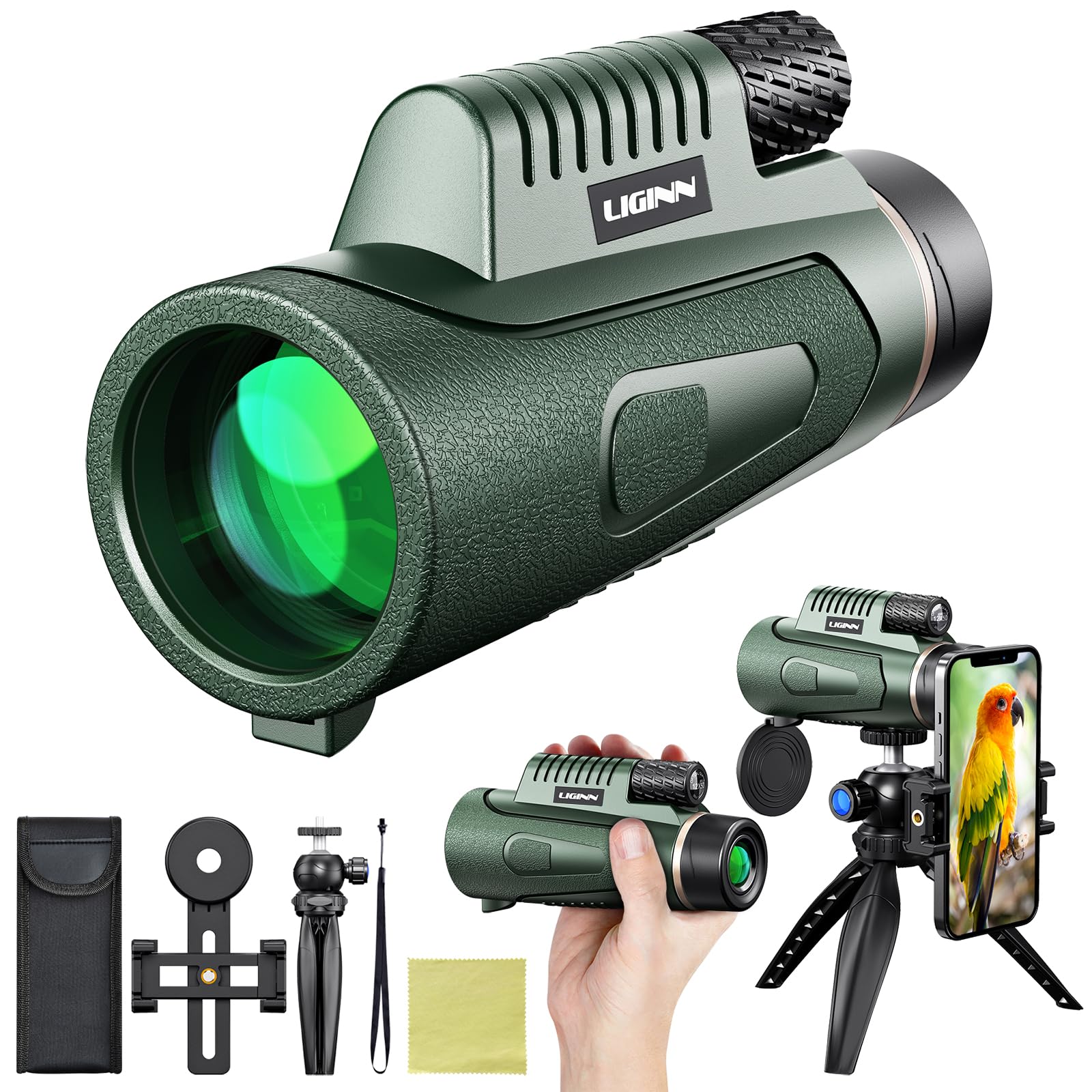 Telescopio Monocular, 12 x 50 HD Monocular para Movil, Monoculars,FMC BAK4 Prisma Monoculars, para observación Caza y Camping (Verde)