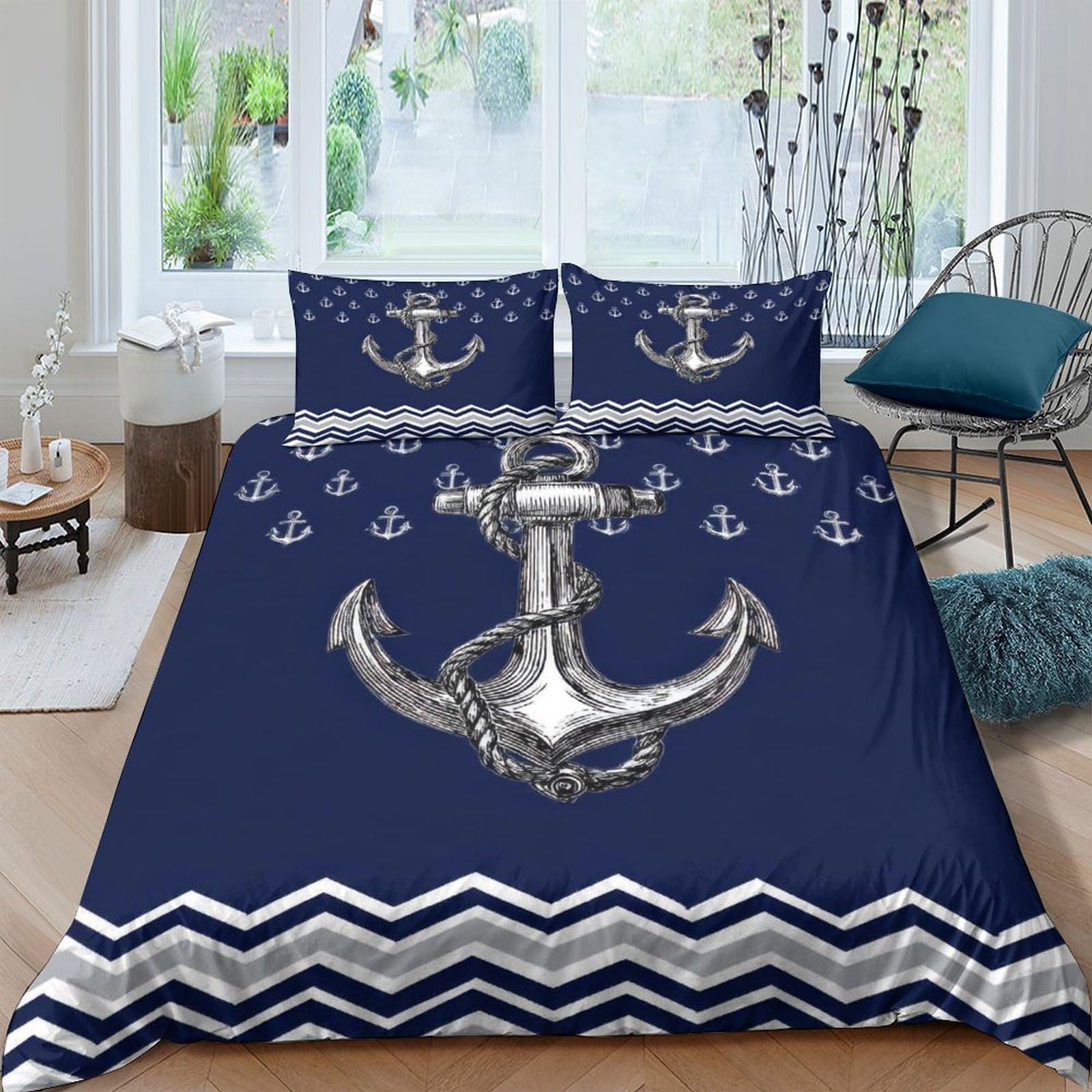 Ctjqhvkz Style-4 3D Printed Nautical Anchor Fitted Sheet Microfiber Navy Blue Marine Waves Bed Cover For Bedroom Guest Room Decor Single（135X200cm）