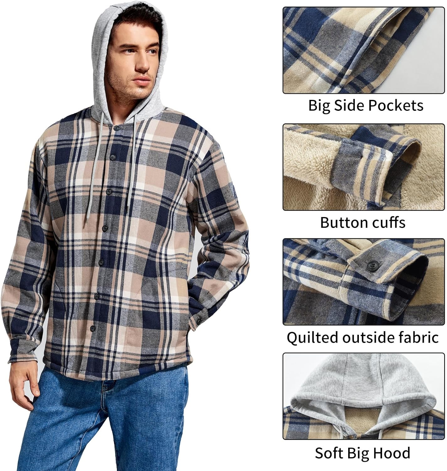 Men's Cotton Plaid Shirts Jacket Fleece Lined Flannel Shirts Sherpa Button Down Jackets with Hood for Men - Image 7
