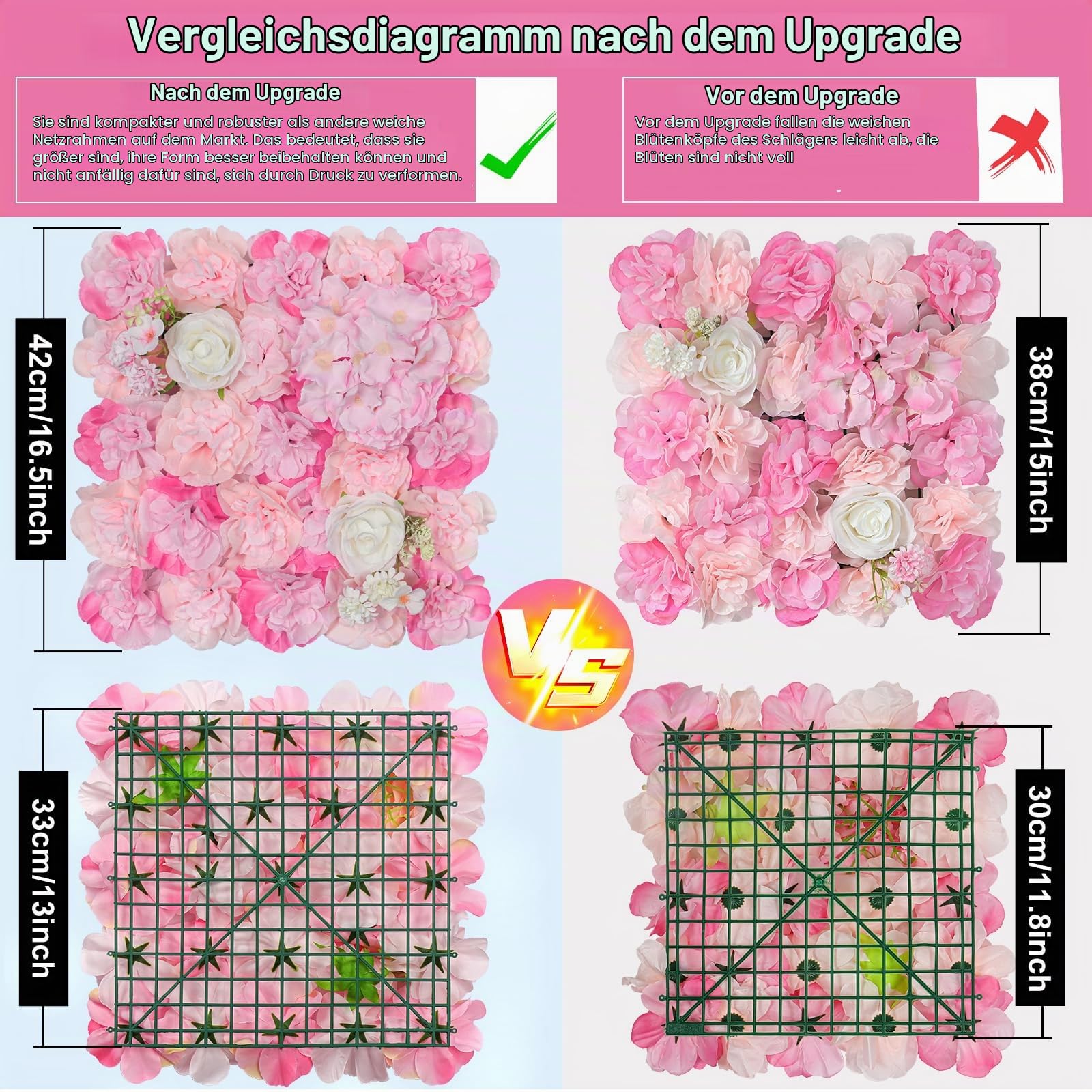 Blumen Wand Hintergrund 6 Stück 42 * 42cm Künstliche Blumen Wandpaneele 3D Seide Rose Wanddekoration für Weddind Bühne Party Foto Hintergrund Heimdekoration (6, Rosa)