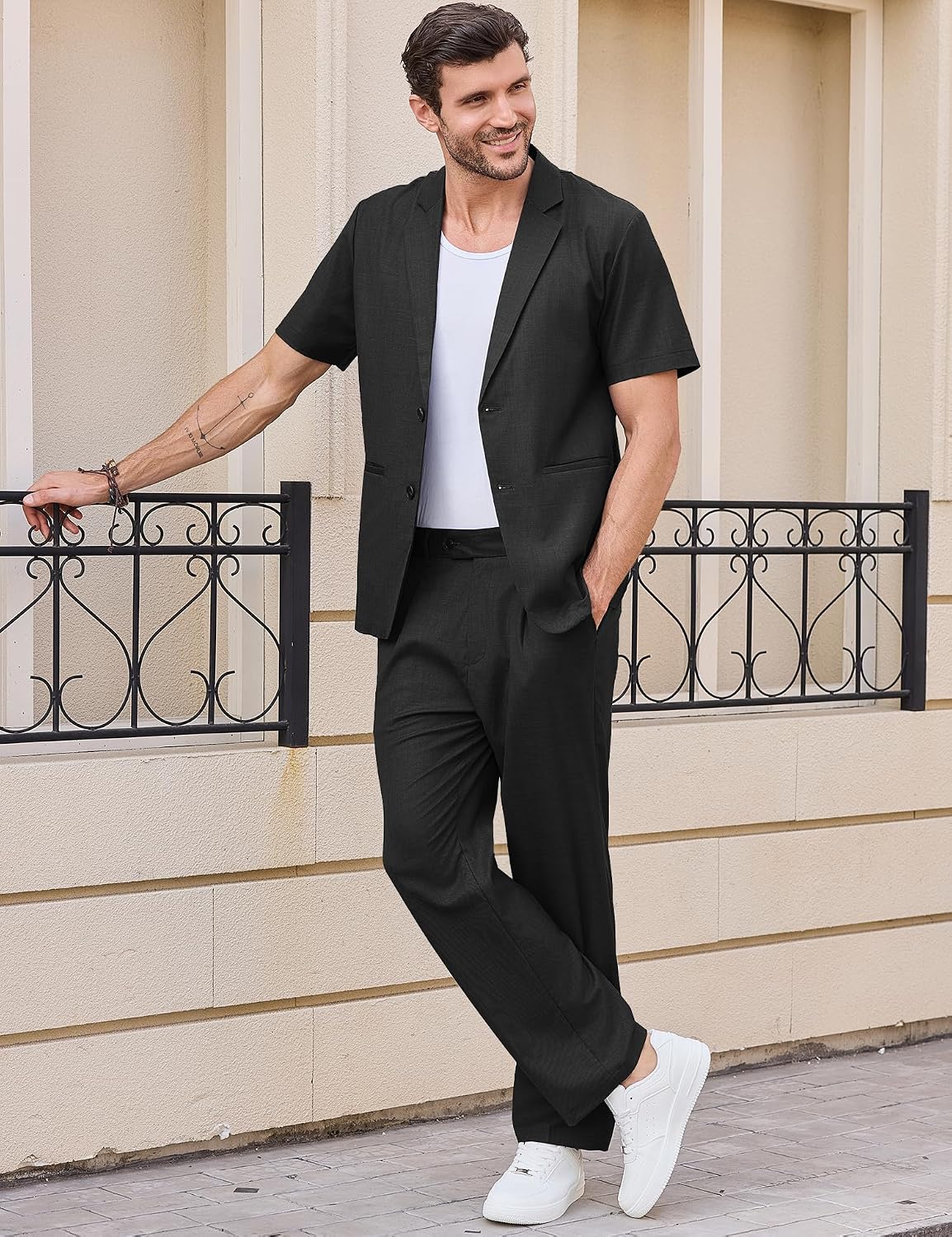 Men's Suits 2 Piece Set Casual Regular Fit Short-Sleeve Suit and Pants Set for Summer Business Prom Wedding Party