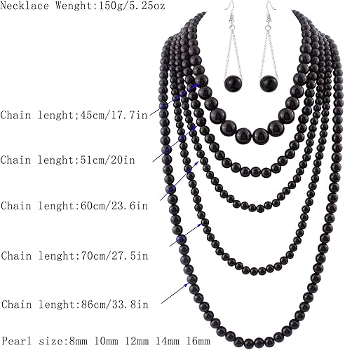 Vista 4 de Conjunto de collar y aretes de perlas sintéticas multicapa a la moda para mujer