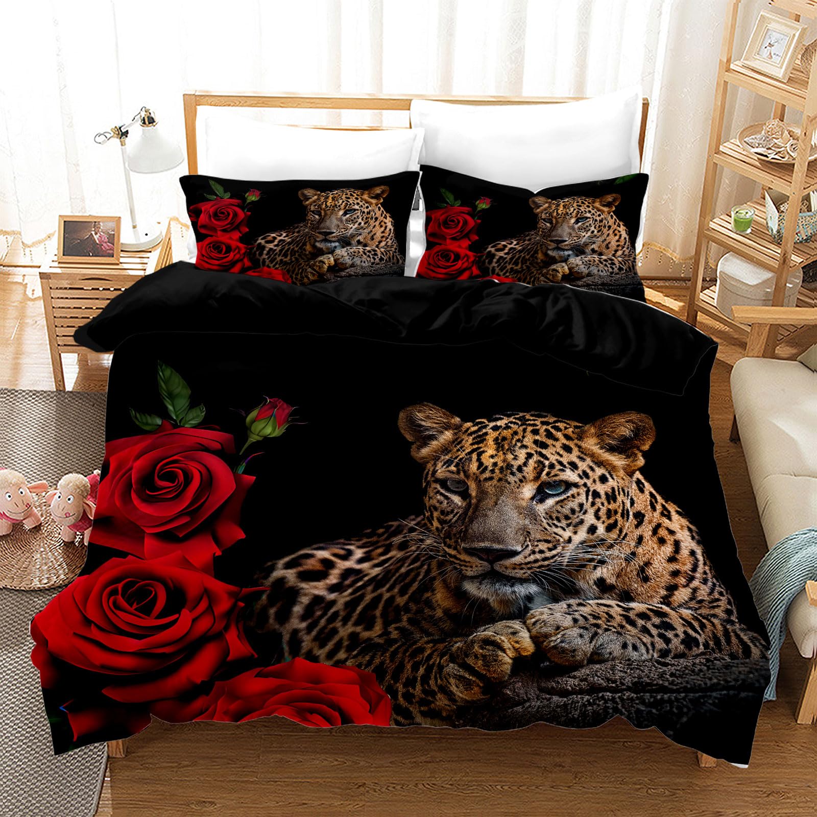 Housse de couette léopard microfibre anti-plis literie douce 200x200