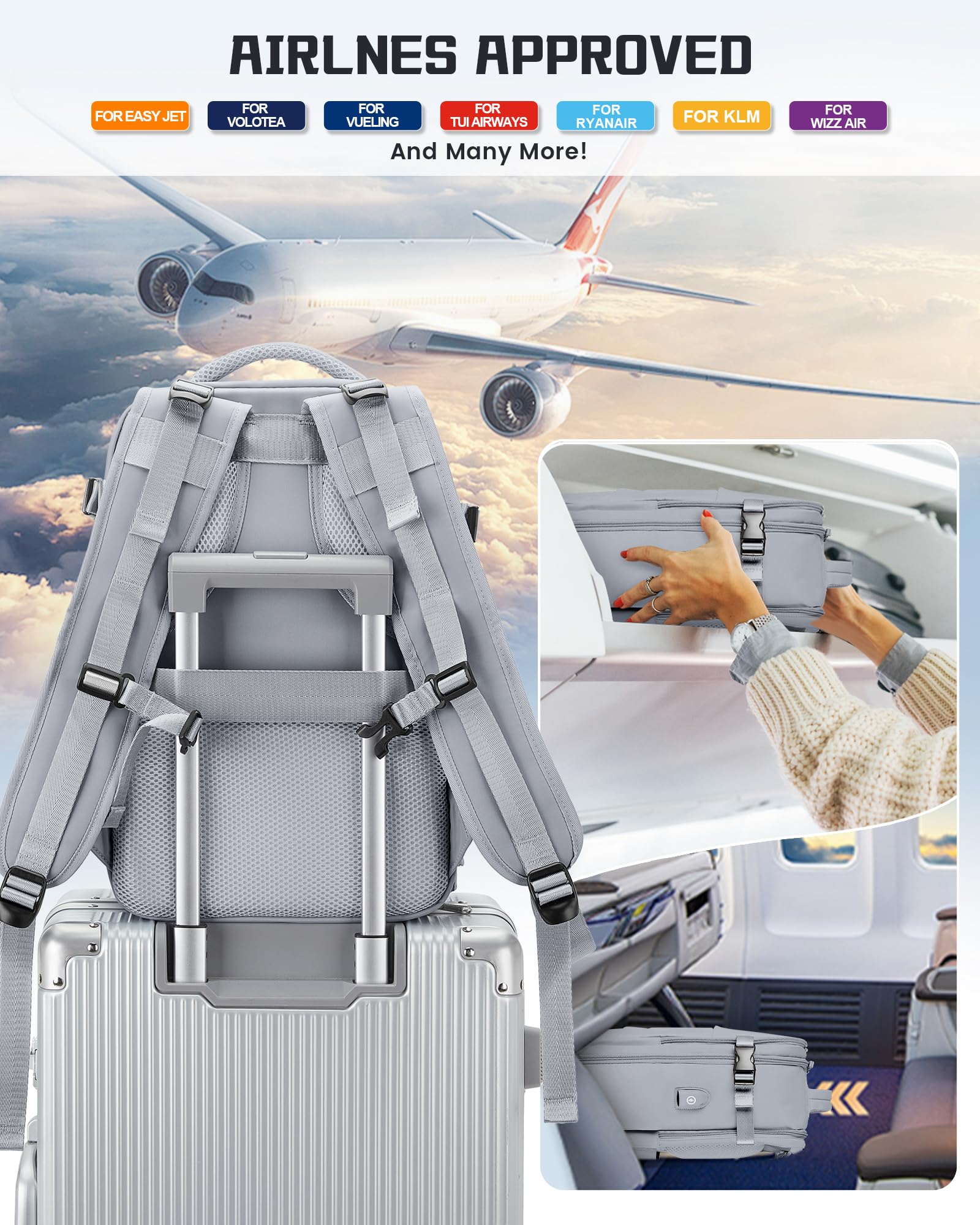 SZSYCN Bagaglio A Mano 40x20x25 Ryanair Borse da Cabina per Easyjet 45x36x20,Zaino da Viaggio Aereo Ryanair,Zaino impermeabile da viaggio con scomparto,adatto per zaino laptop da 14 pollici