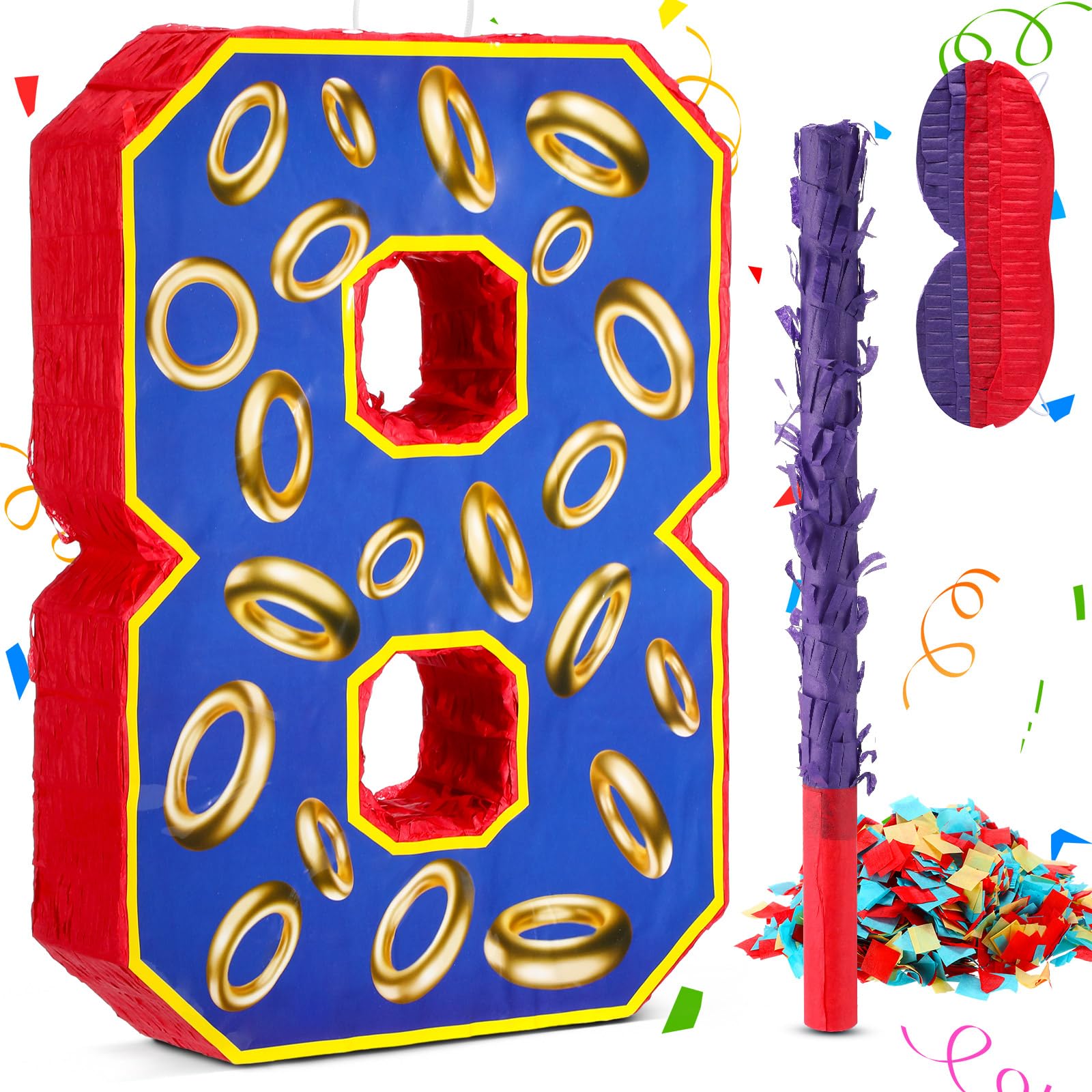 Number 8 Blue and Golden Rings Pinata for Birthday Party Decorations, Blue Golden 8th Birthday Party Favor Supplies, Fiesta, Anniversary Celebration Birthday Pinata with Stick Blindfold Confetti Large