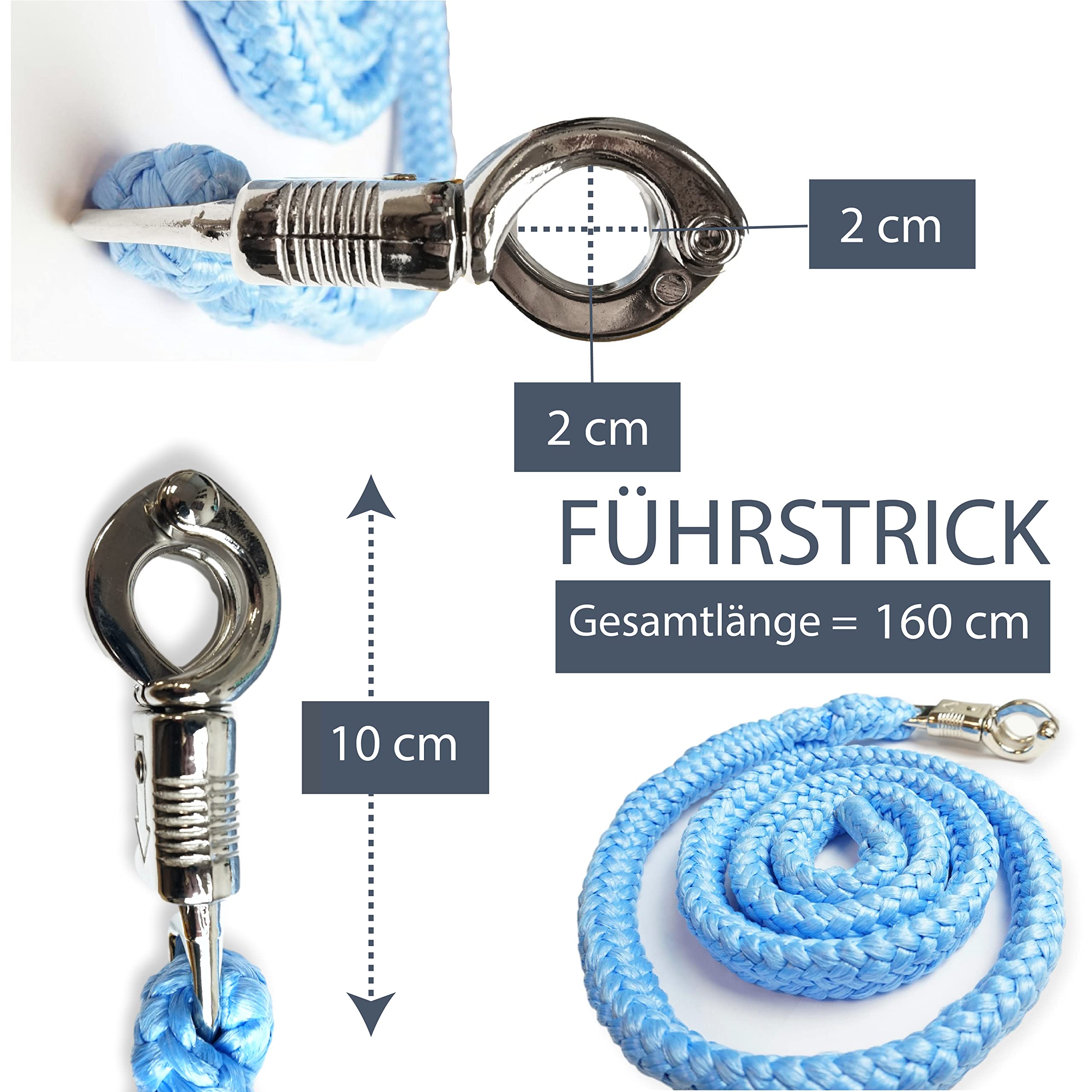 Maglia di guida con ganci antipanico | per cavalli, pony, shetty, asini | maglia di aggancio in molti design | lunghezza 1,60 m (azzurro)