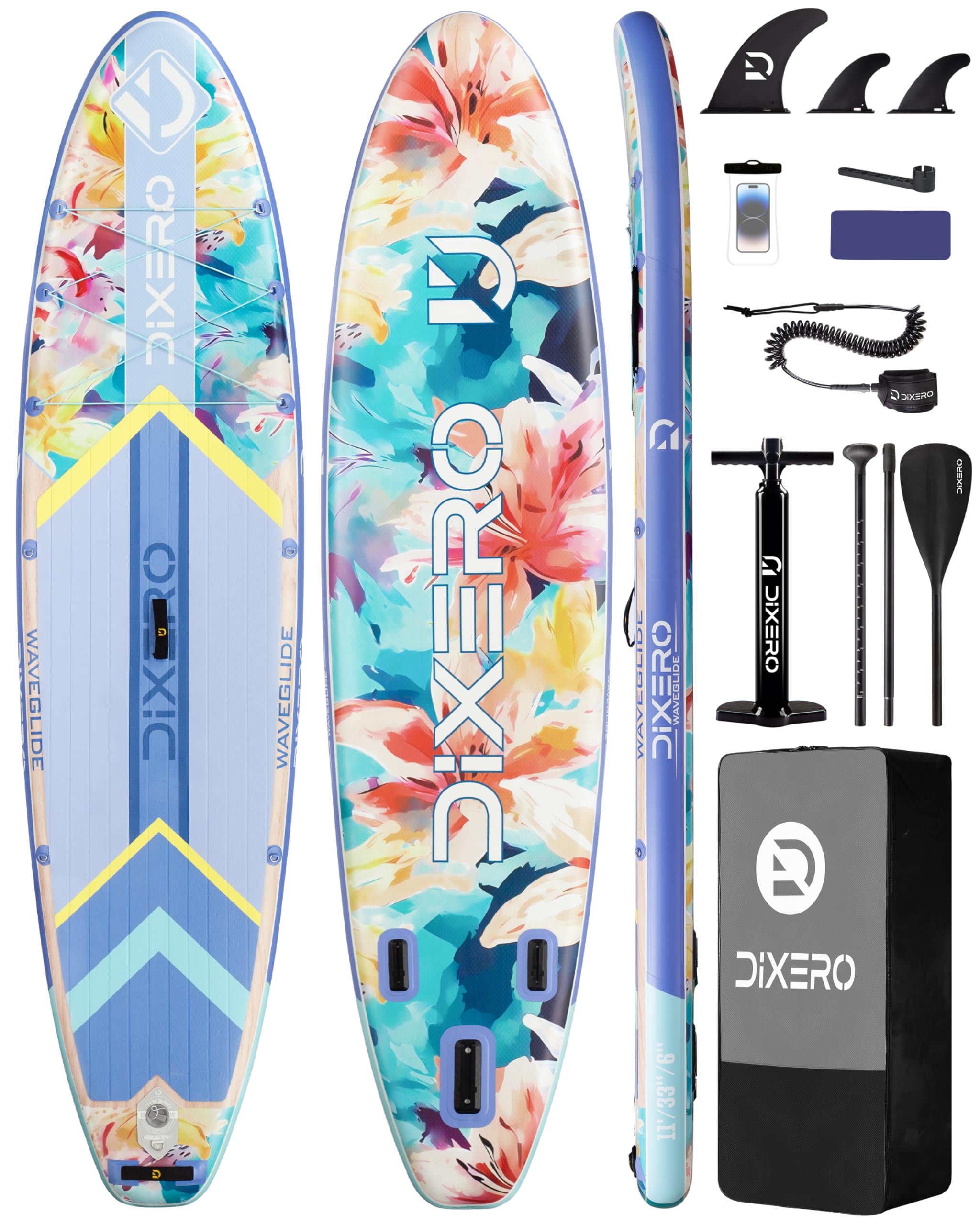 Dixero Inflatable Stand Up Paddle Board 11'*33", Extra Wide Paddle Boards for Adults, SUP with Premium Accessories, Adjustable Paddle, Hand Pump, Bottom Fin, Leash Waterproof Phone Bag