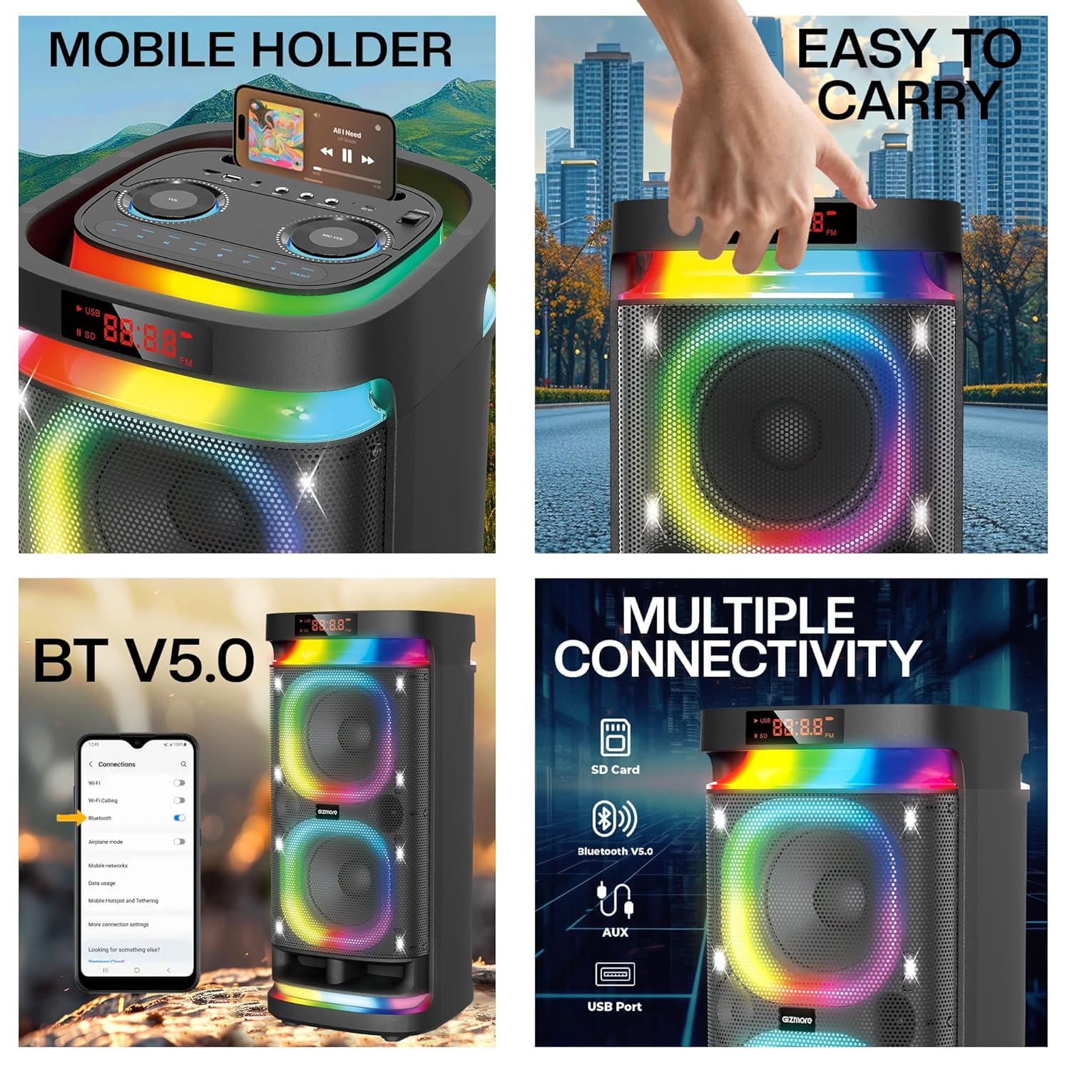 GIZMORE GIZ WHEELZ T300 speaker showing Bluetooth V5.0 and multiple connectivity options