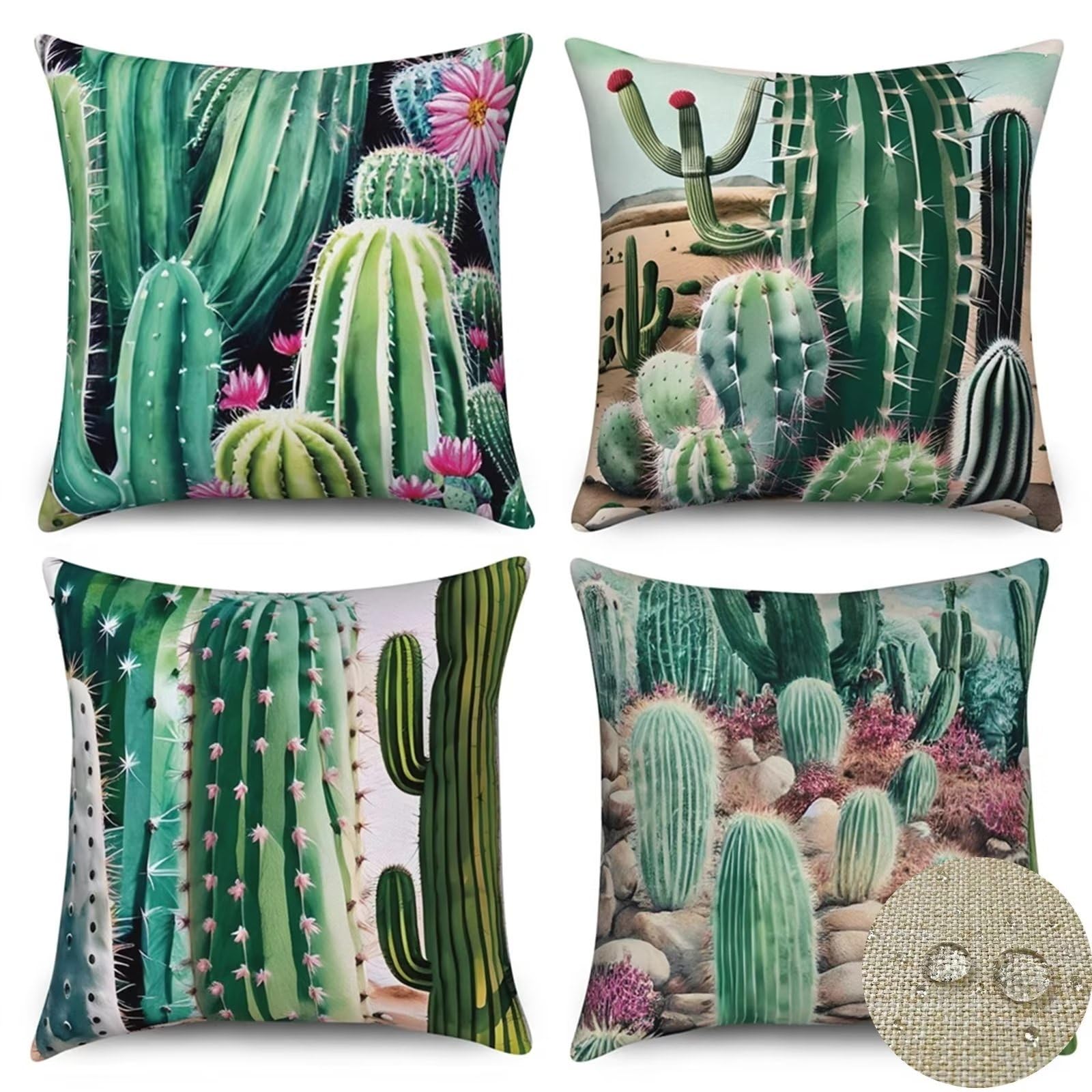 Verde Fundas Cojines Sofa 75x75cm Cuadradas Doble Cara Lino Verano Impermeable Funda Cojin Cactus Flor Exterior Almohada Cojines Decorativos para Cama Sala Estar Fundas de Cojín Juego de 4 R-2279