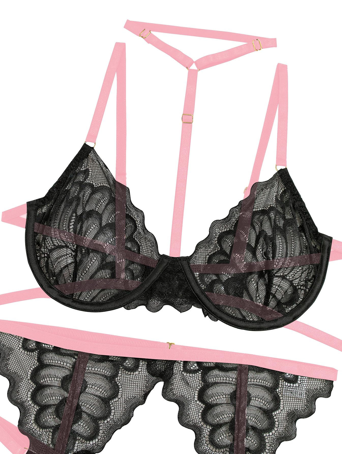 Lilosy Sexy Choker Floral Lace Scallop Sheer Underwire Push Up Garter Belt Lingerie Set 3 Piece: Lilosy Sexy Choker Floral Lace Underwire Push Up Garter Belt Lingerie Set for Women Sheer Bra and Panty 3 Piece