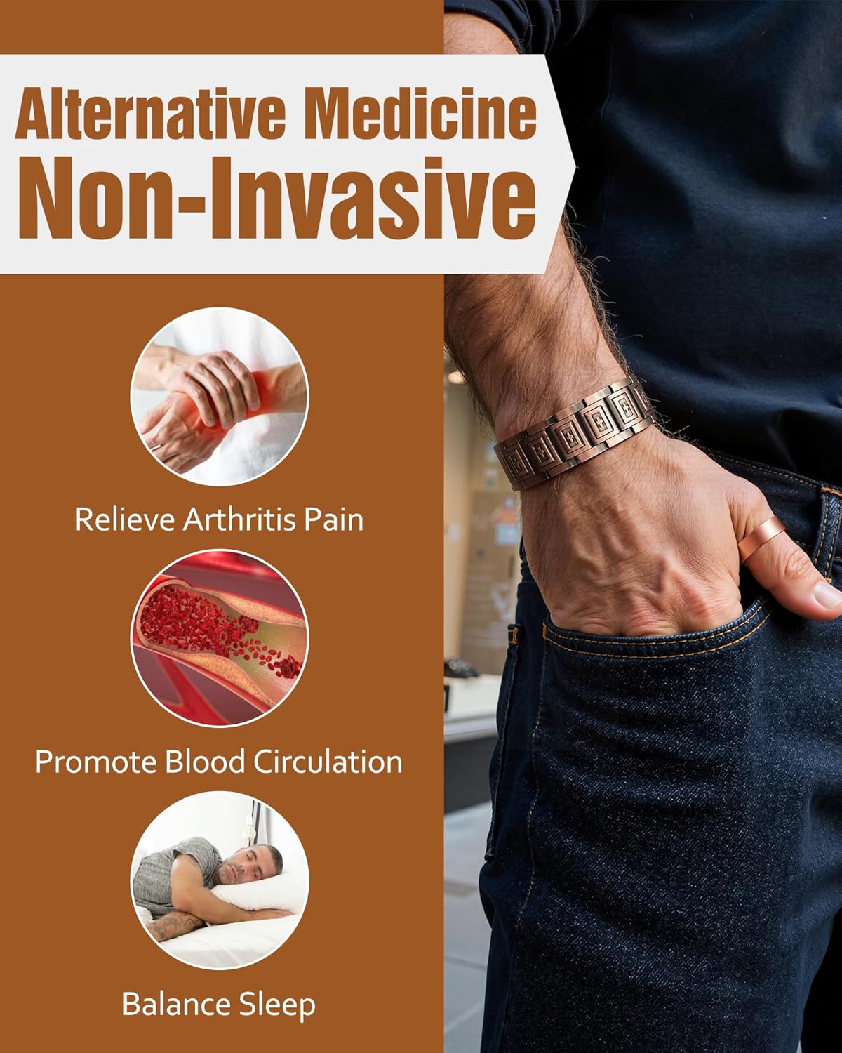 Jecanori Pure Copper Bracelet & Ring for Men, 3X Strength Magnetic Bracelet with 3800 Gauss Magnets - Image 2