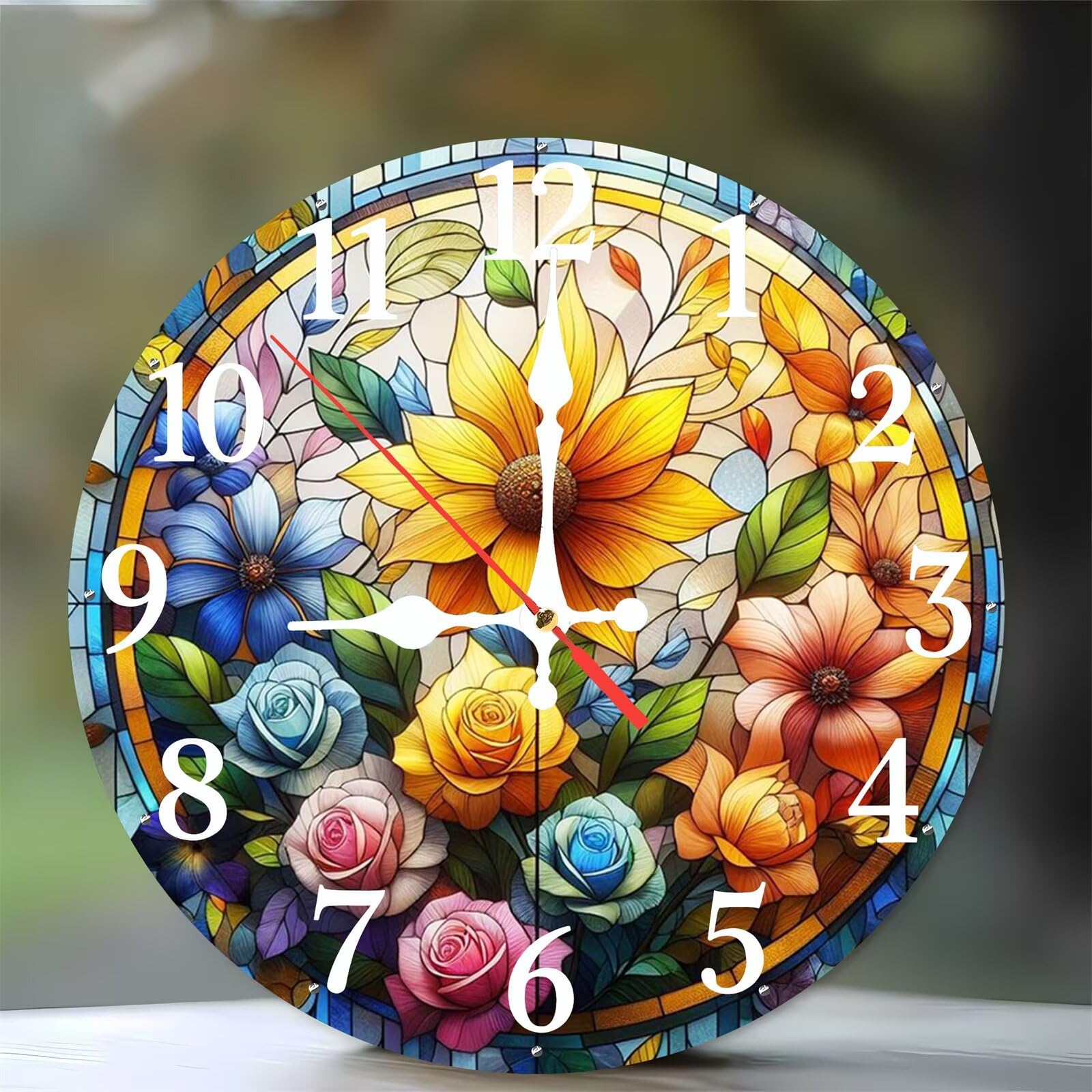 Horloge murale moderne bois silencieuse 35 cm avec fleurs en verre