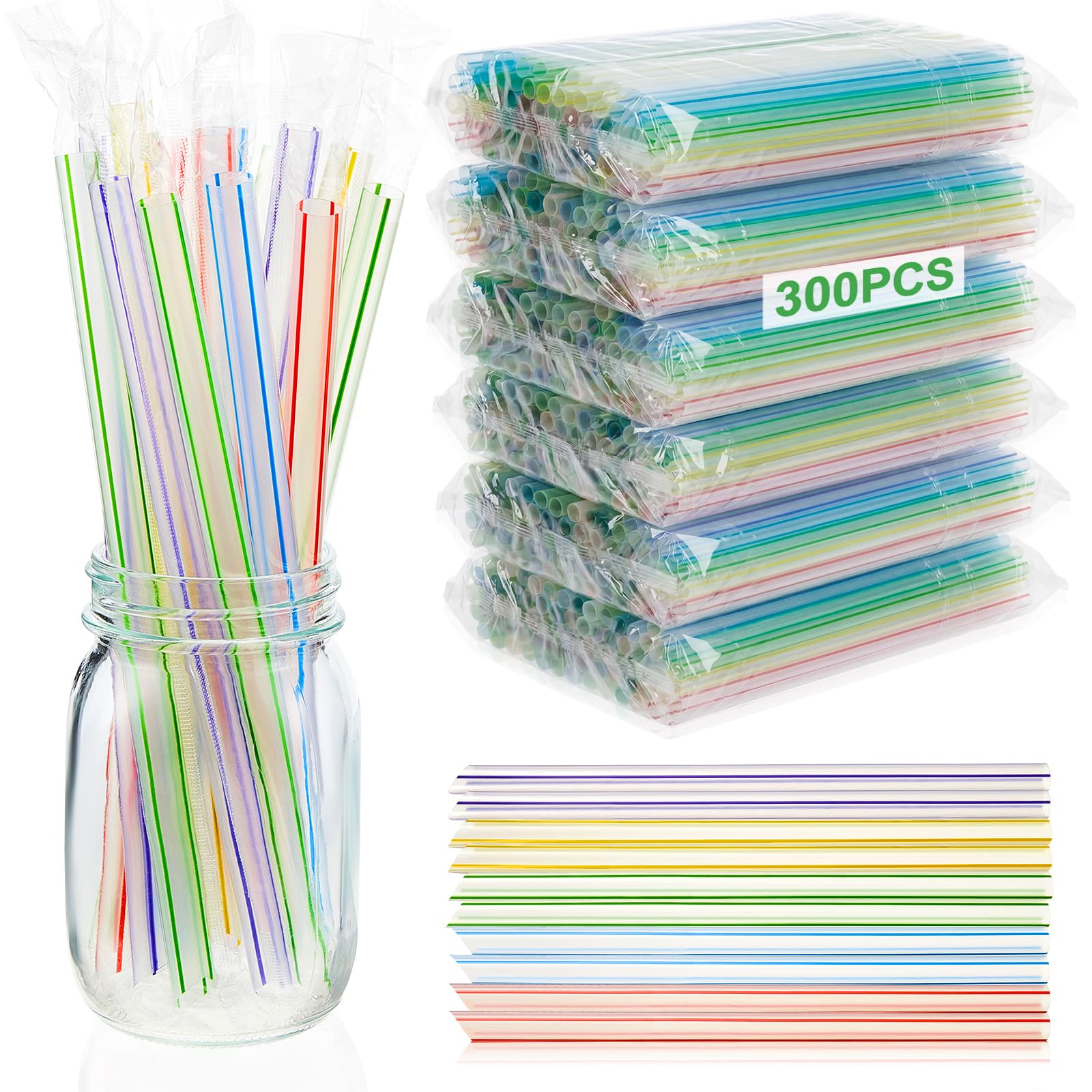 Tessco for you 300 Pcs 9.06 Inch Jumbo Smoothie Straws Large Bubble Tea Striped Plastic Straws Individually Wrapped Wide for Milkshake Juice Drinking(