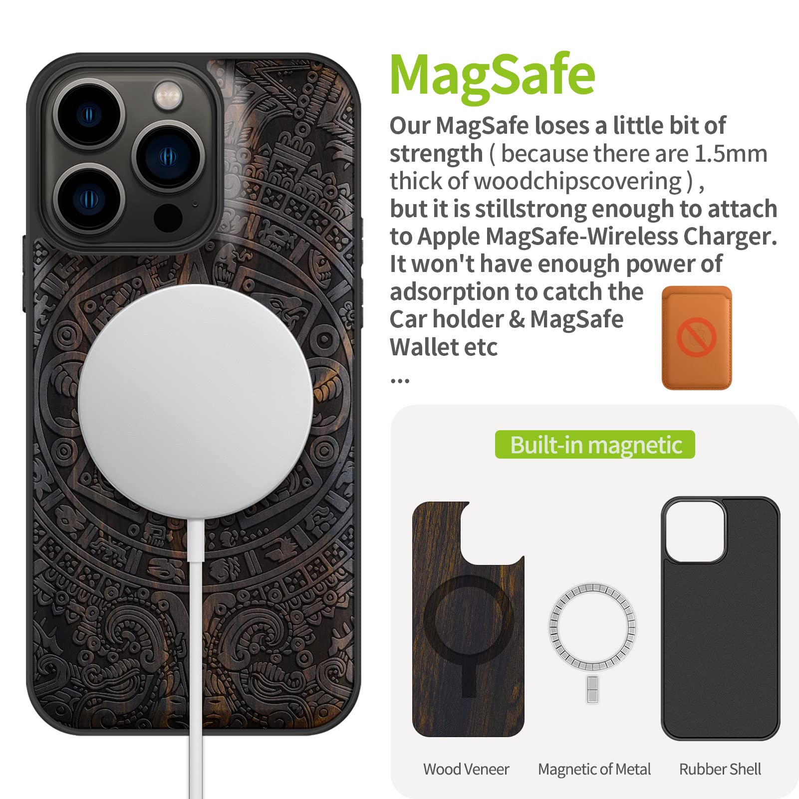 Carveit Custodia In Legno Di Noce Per IPhone 13 Pro Con Calendario Maya - Cover Magnetica MagSafe, TPU Rinforzato - 6