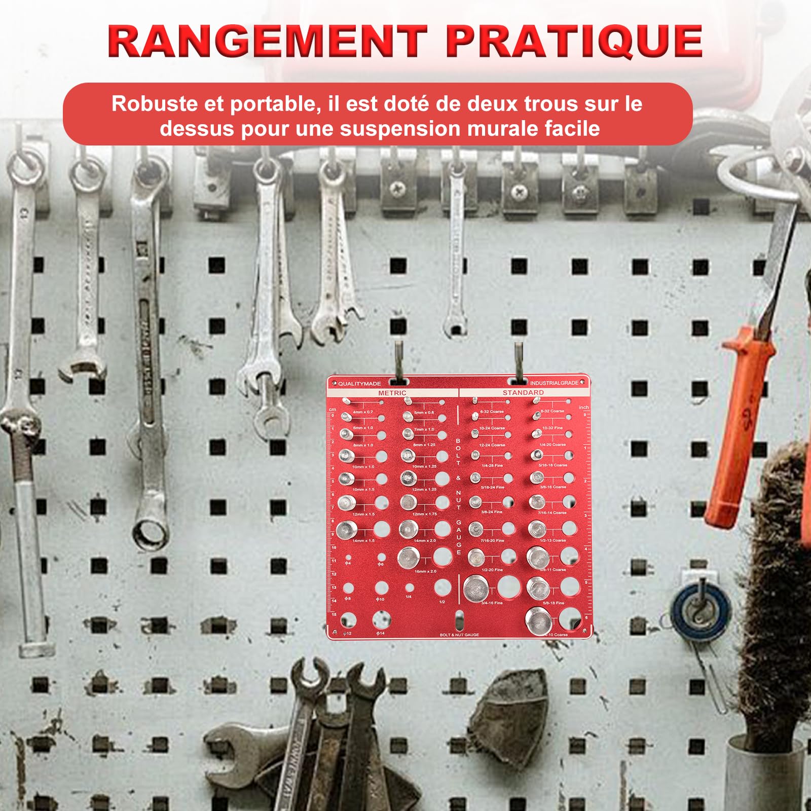 Jauge de filetage 44 trous - Testeur de filetage 4 en 1 en alliage d'aluminium avec filetage métrique et impérial, pour mesurer les dimensions des écrous et des vis, mesurer la longueur et le diamètre