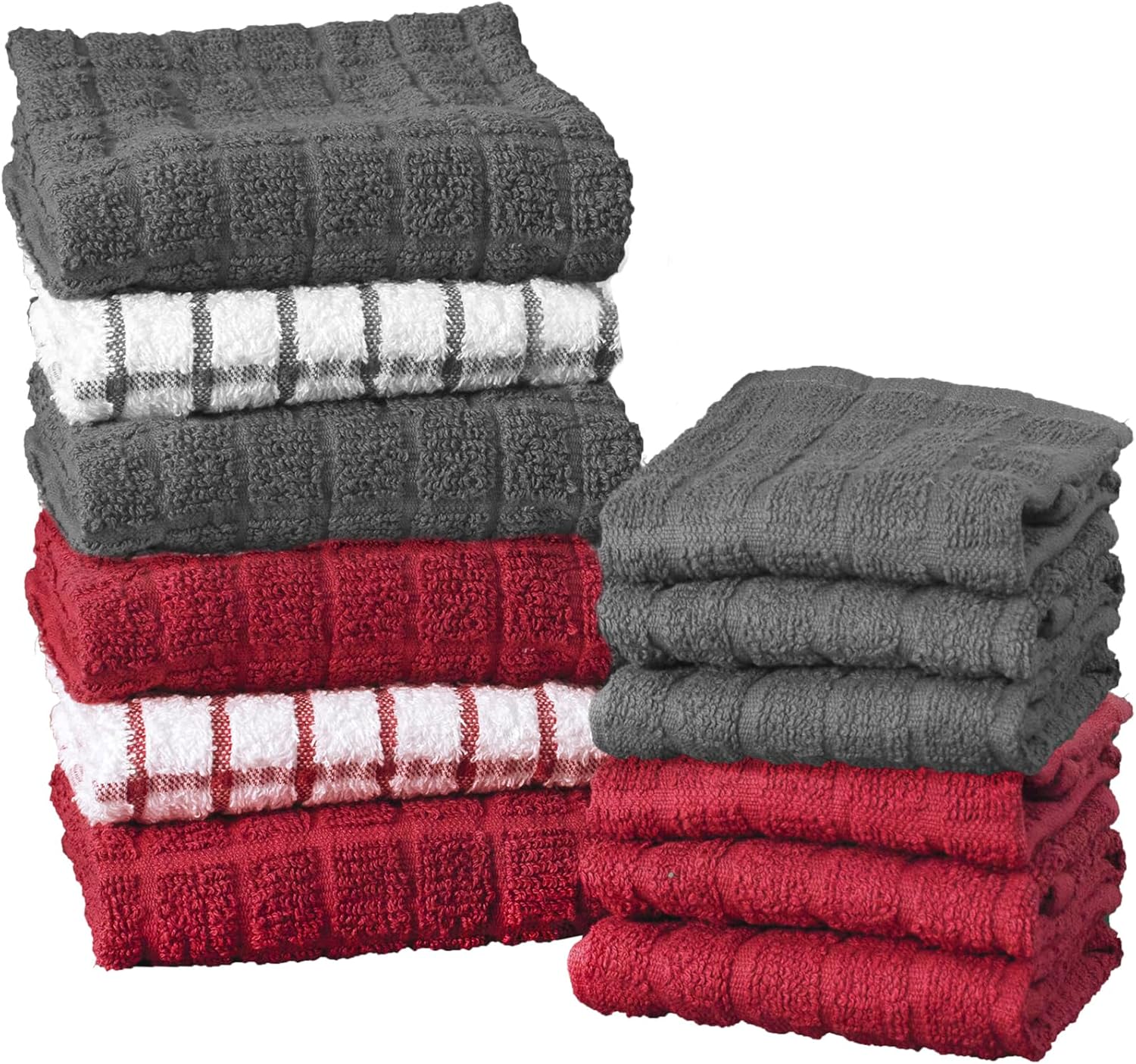 Ritz Premium Kitchen Towel and Dish Cloth Value Set: Highly Absorbent, Super Soft, Long-Lasting, 100% Cotton Checked and Solid Hand Towels, Tea Towels, Bar Towels - 12-Pack, Paprika/Graphite