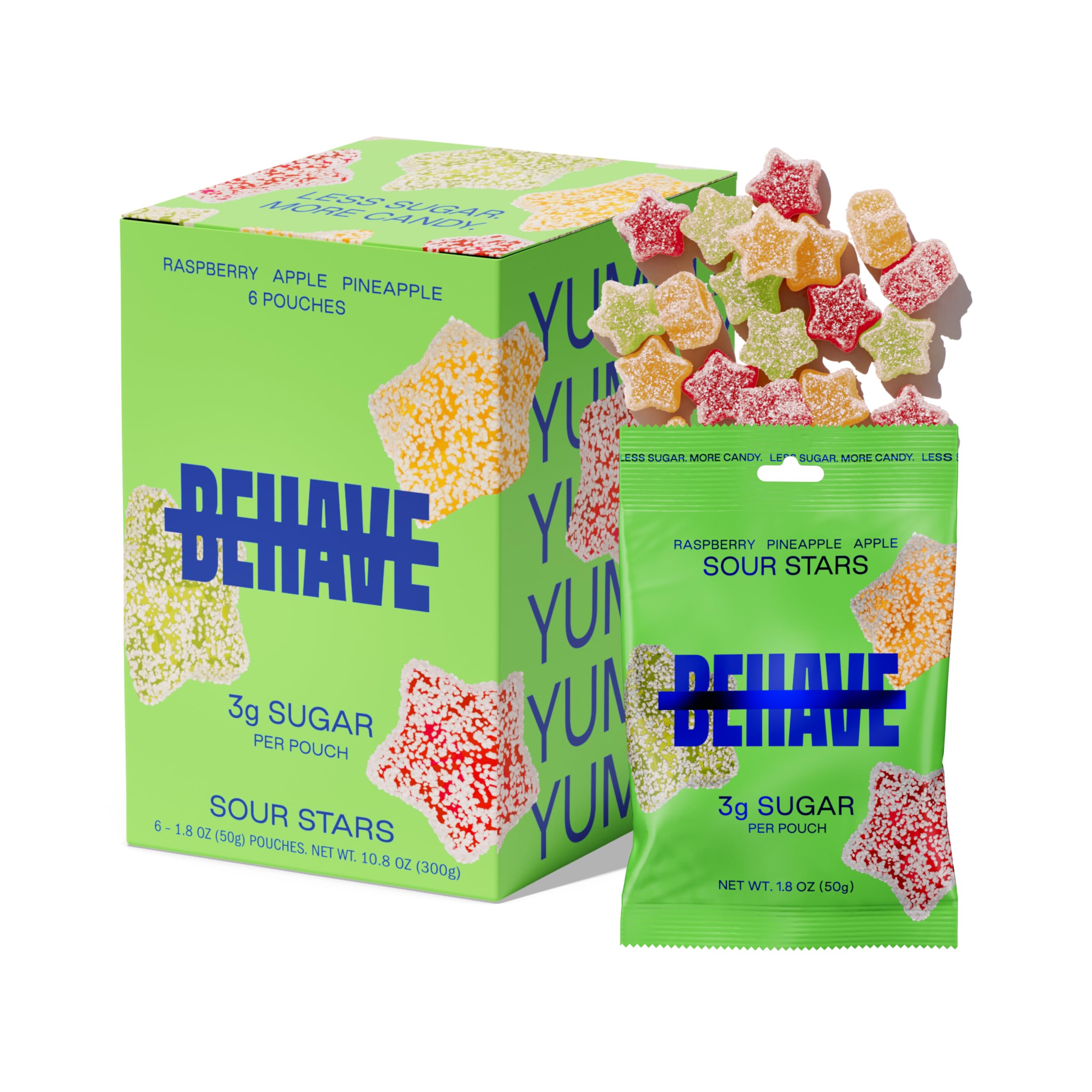 BEHAVE Low Sugar, Low Carb Gummy Candy | Healthy, High in Fiber, Keto & Diabetic Friendly Snack | Non-GMO, Gluten-Free, Dairy-Free, No Artificial Flavors or Sweeteners | Sour Stars, 1.8oz (6-Pack)