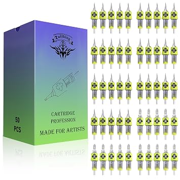 50 Tattoo Cartridge Needles Assorted Mixed Size #12 Bugpin Round Liner Shader Magnum 3RL 5RL 7RL 9RL 5RS 7RS 9RS 9RM 9M1 11RM Pro Disposable Membrane Tattoo Needles for Tattoo Pen