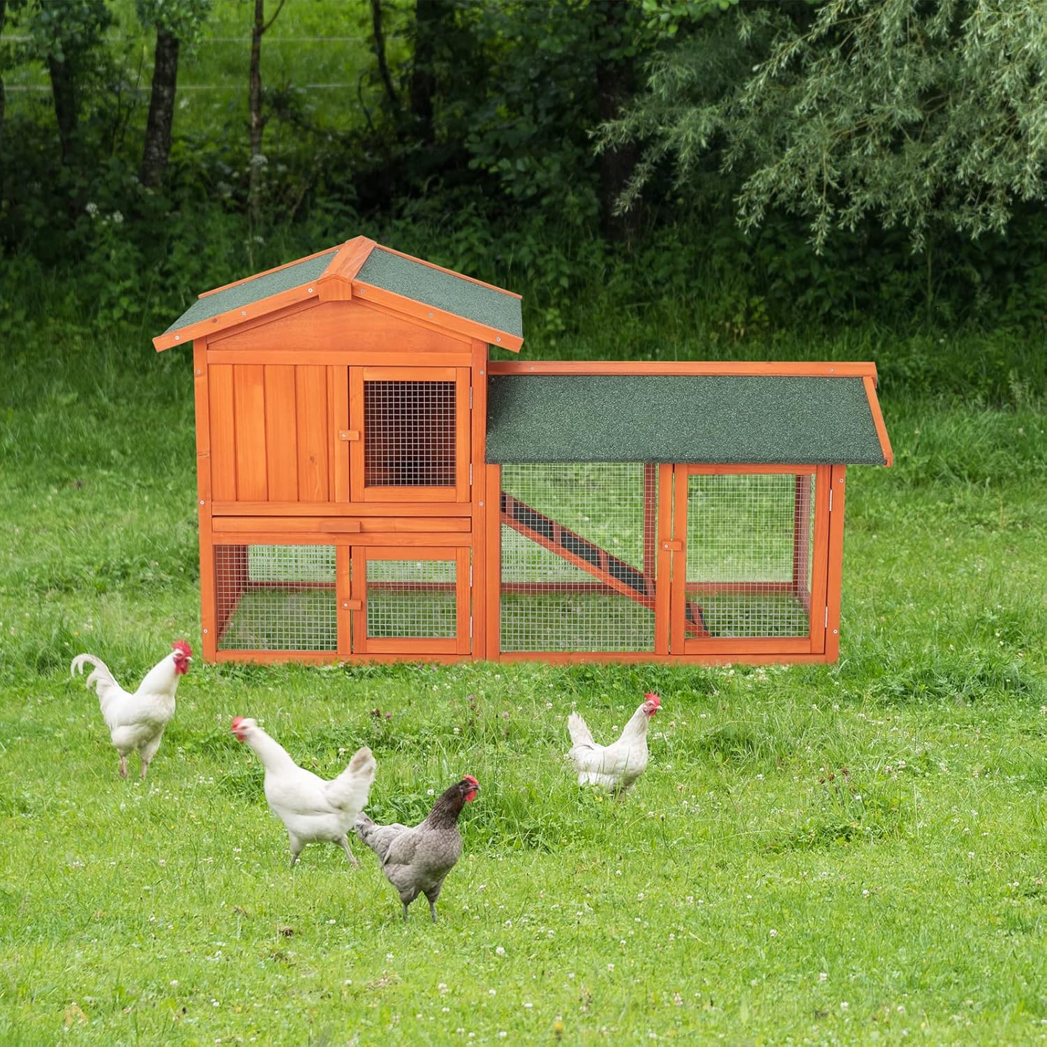 61‘’ Large Wooden Chicken Coop for Small Animals, 2 Layer Guinea Pig Hen House for Outdoor Backyard Garden, Bunny Rabbit Hutch with Ventilation Door,Removable Tray & Ramp Poultry Cage, Orange