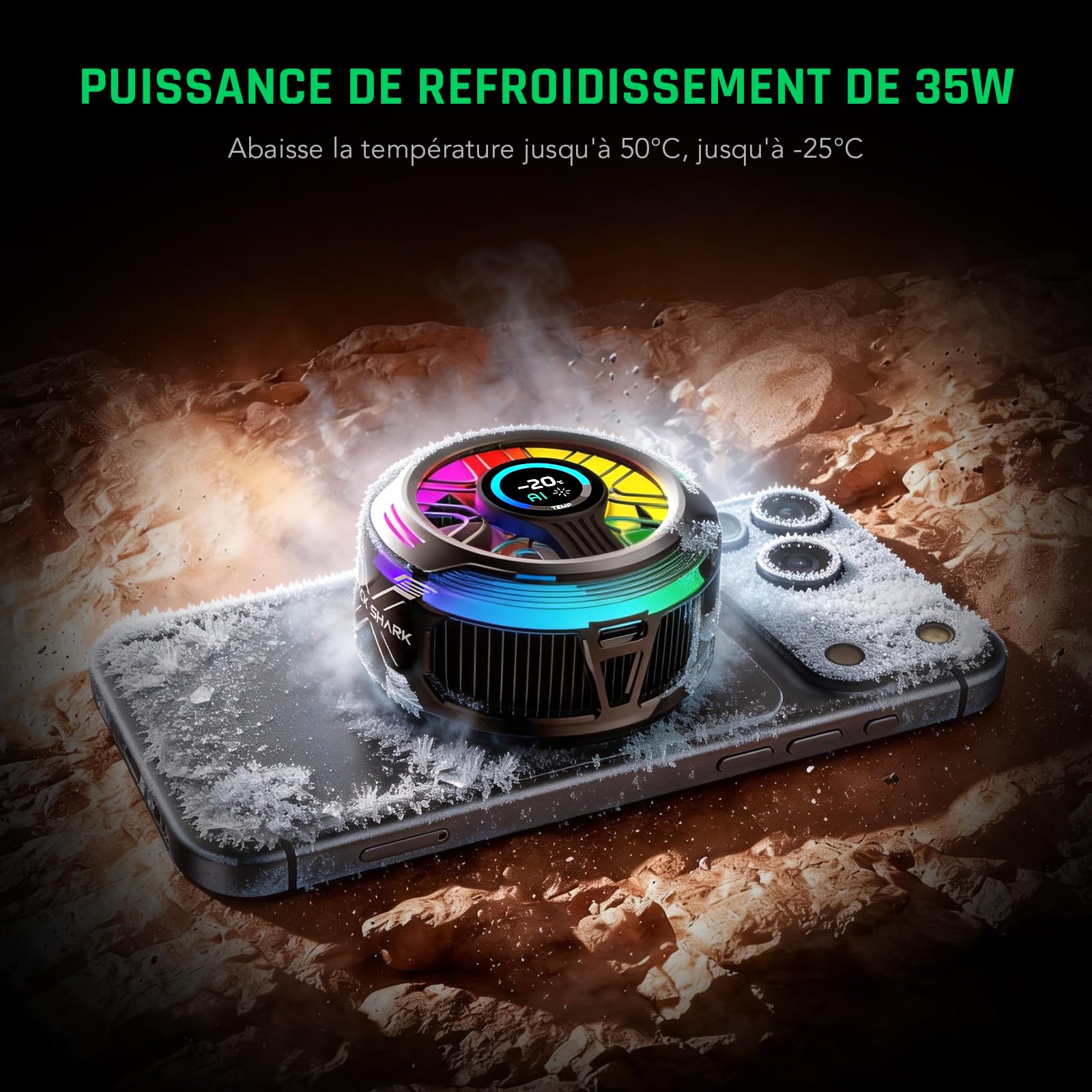 Black Shark Magnetic Phone Cooler 6 Pro – écran intelligent, anneau magnétique, LED RGB, ventilateur contrôlé par app pour iPhone MagSafe, Android et iPad – gaming, streaming