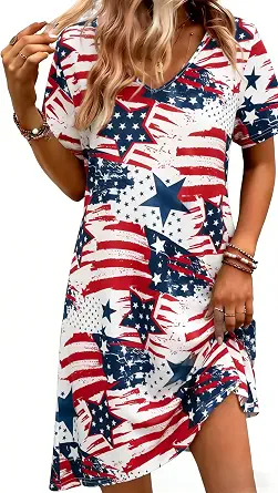 MYHALF 4th of July Patriotic Dress for Women - American Flag V-Neck T-Shirt Dress, Red, White & Blue Summer Dress