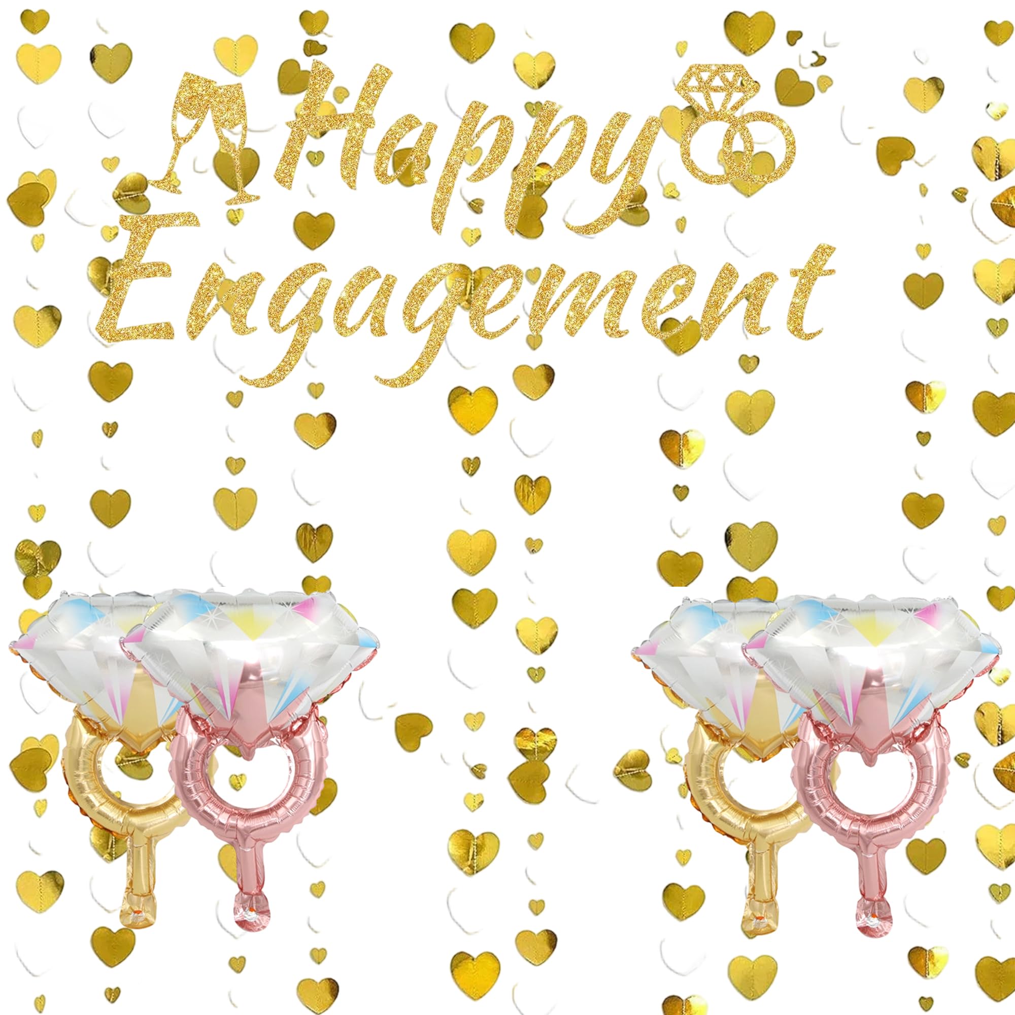 Engagement Party Decorations Set – Diamond Engaged Balloons & Banner with Gold Heart Streamers for Happy Engagement Celebrations, Proposal Parties, and Spring Weddings