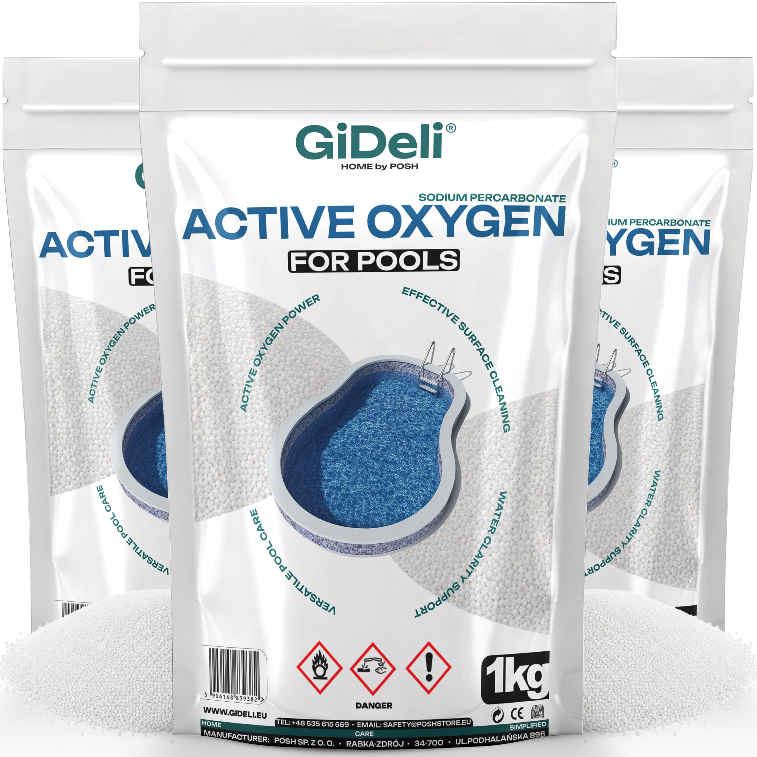GiDeli Aktywny tlen, basen bez chloru, 3 x 1 kg, granulat tlenowy, pielęgnacja wody przeciwko zmętnieniu, krystalicznie czysta woda w basenie, pielęgnacja basenu bez chloru, do utleniania
