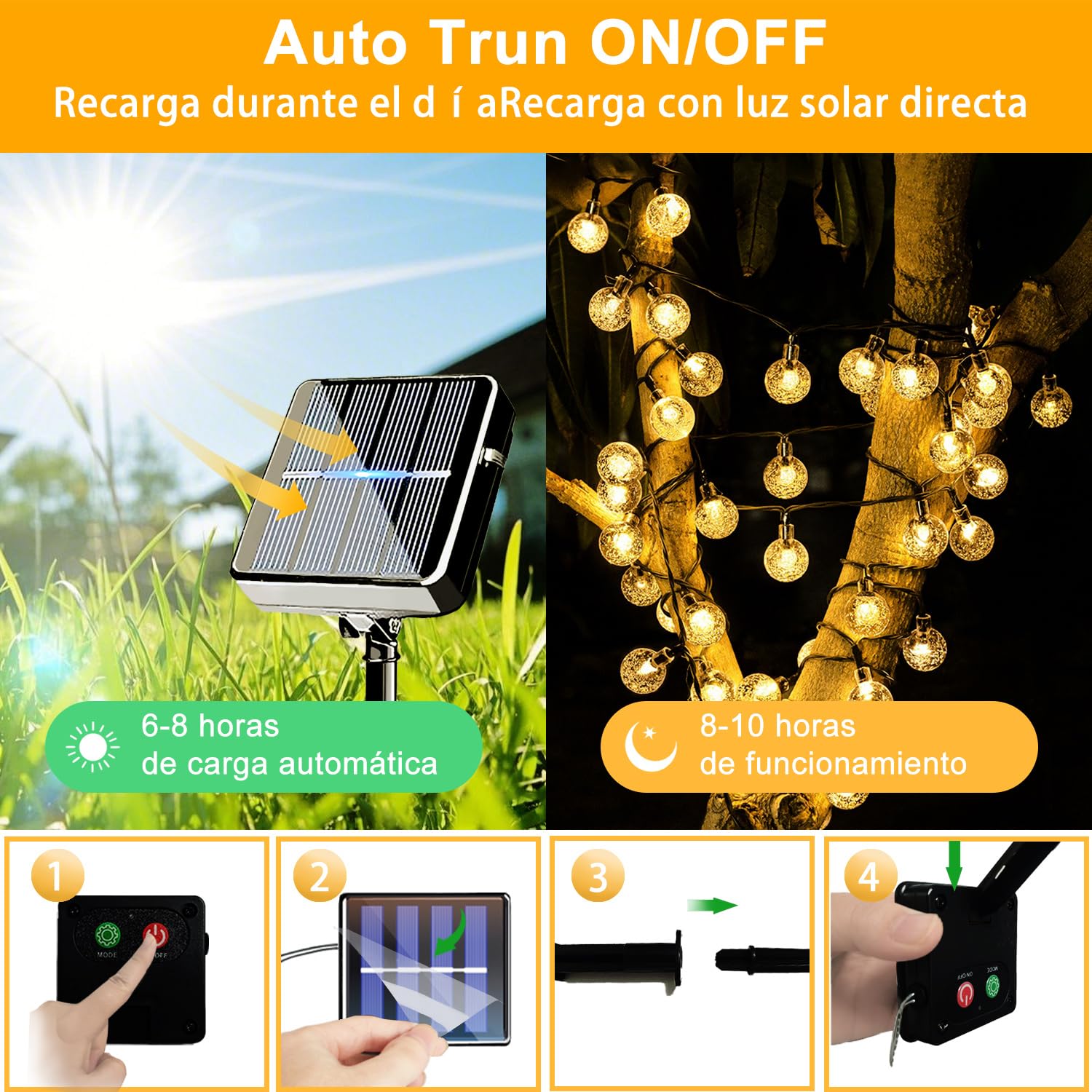 taiyongkang Guirnaldas Luces Exterior Solar, 30 LED 8 m con Bolas de Cristal, 8 Modos, IP65, Cadena de luces solares para Jardín, Balcón, Terraza, Fiestas y Bodas, Navidad (Blanco Cálido)