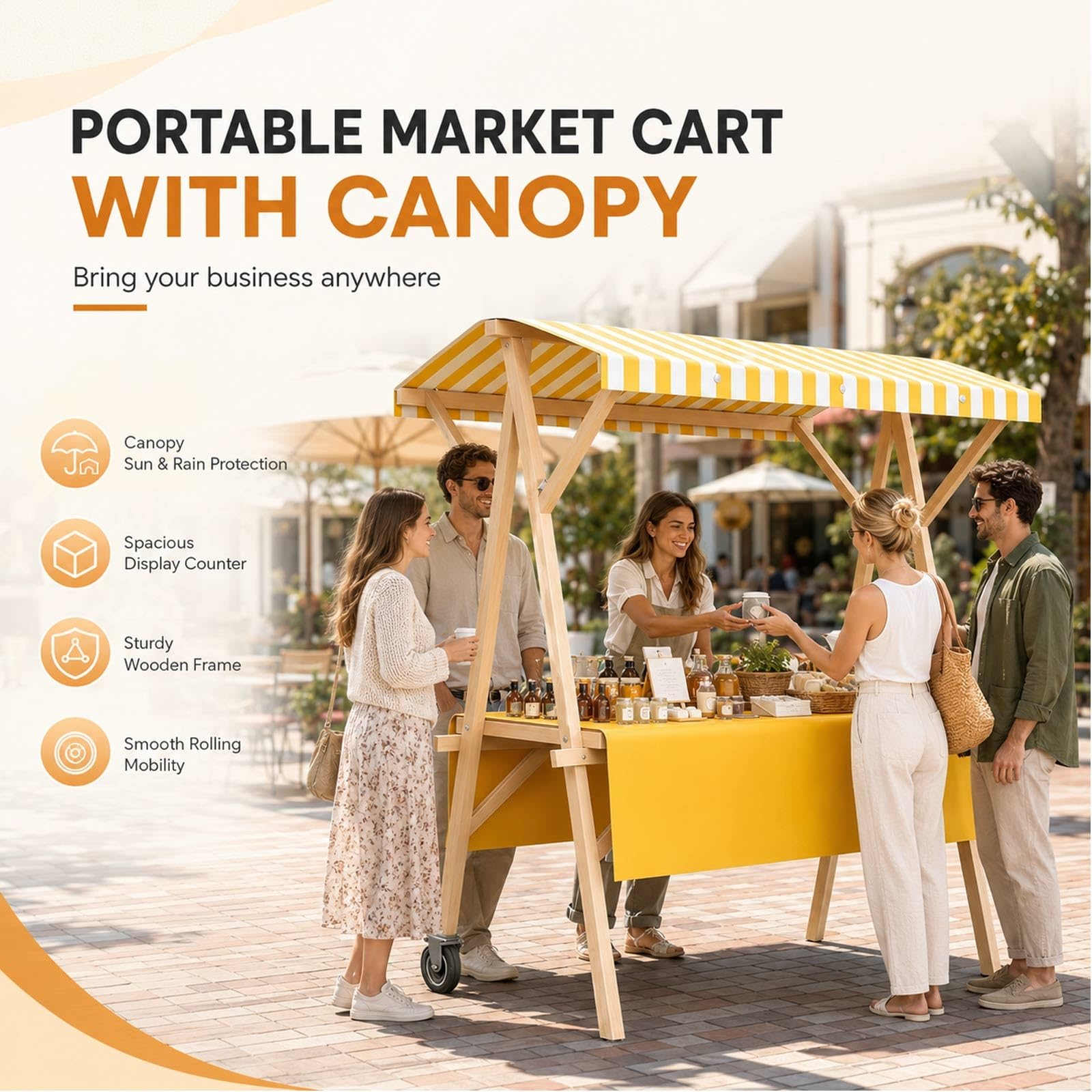 Carrito De Venta Portátil con Toldo, Carritos De Comida Móviles con Ruedas con Bloqueo, Puesto Ambulante Plegable, Kiosco Snack Madera, Stand Exhibición para Bazar Y Catering(White,L 120cm/47.2in)