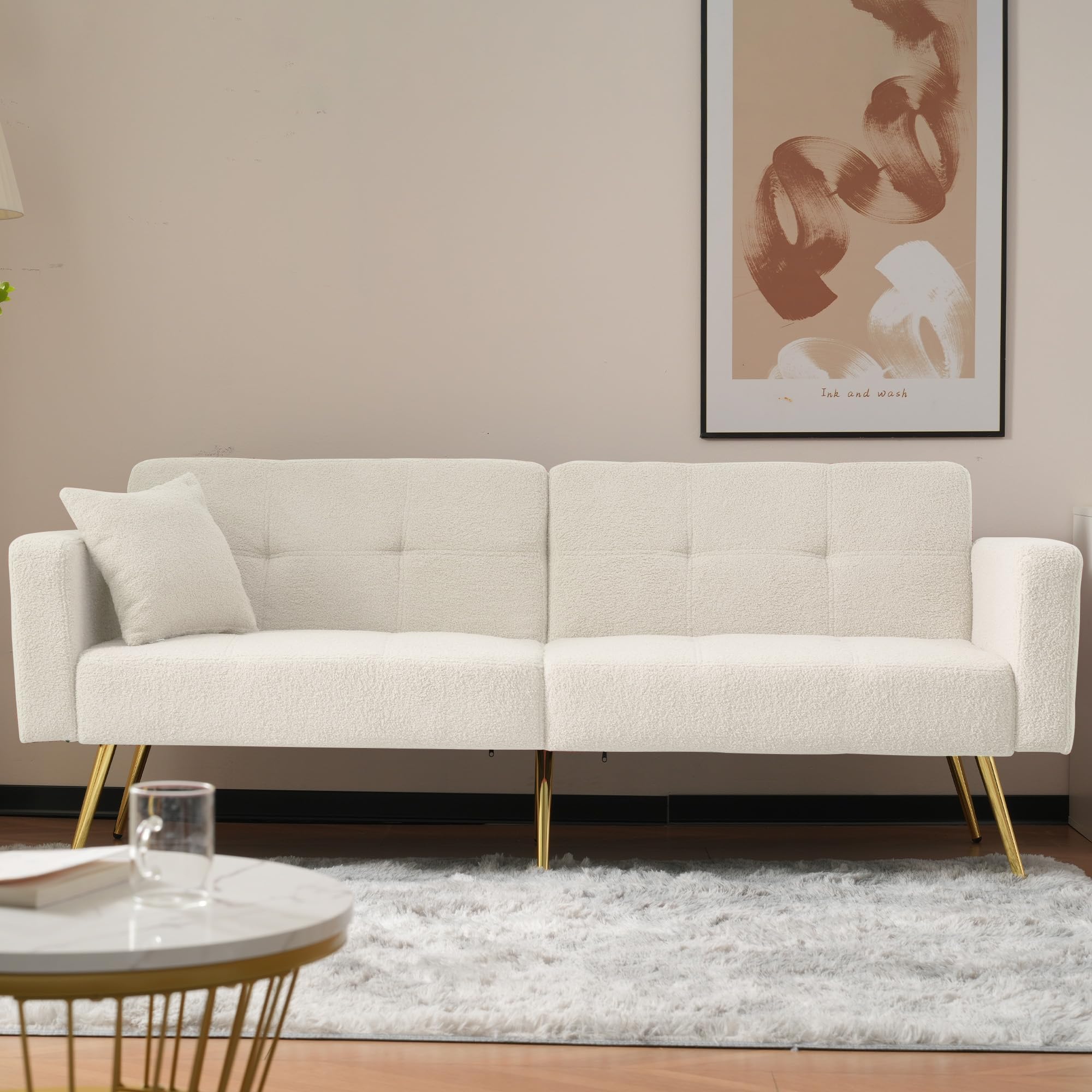 Dolamaní sofa 2w1 z funkcją spania, sofa tapczan z regulacją oparcia, złotymi nogami, z poduszkami (Biały)