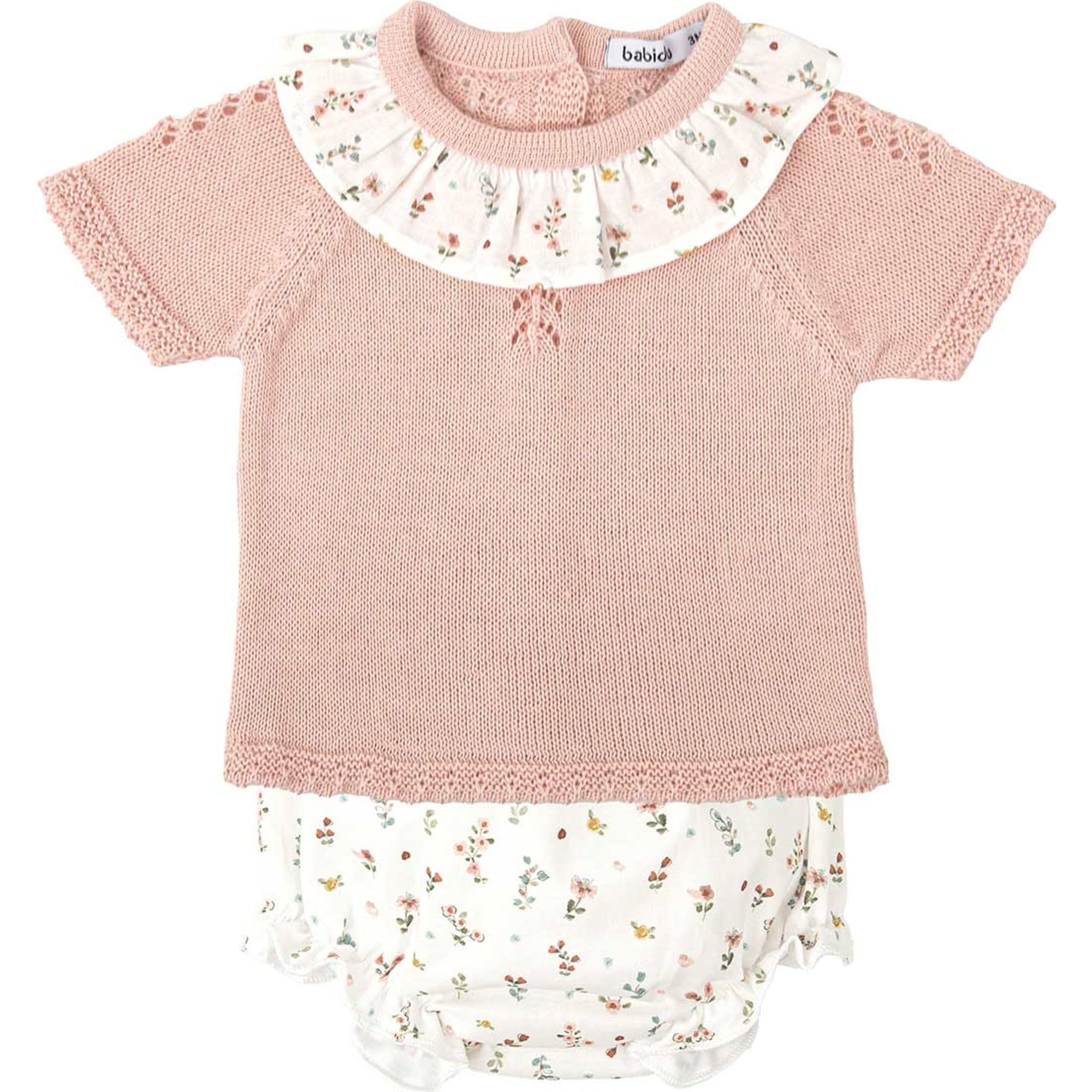 BABIDU Conjunto para Bebé y Niña con Ranita de Punto Calado y Camiseta de Manga Corta, Diseño Bruma con Cuello Volante Fruncido, Cierre Trasero y Tejido de Algodón Suave