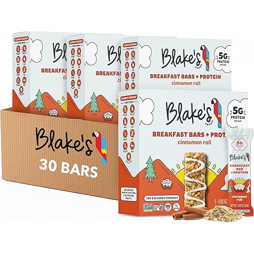 Blake's Breakfast Bars with Protein — Cinnamon Roll (30 Count), 5g Clean Plant-Based Protein, Gluten Free, Nut Free, Dairy Free & Vegan, Healthy Snacks for Kids or Adults, School Safe