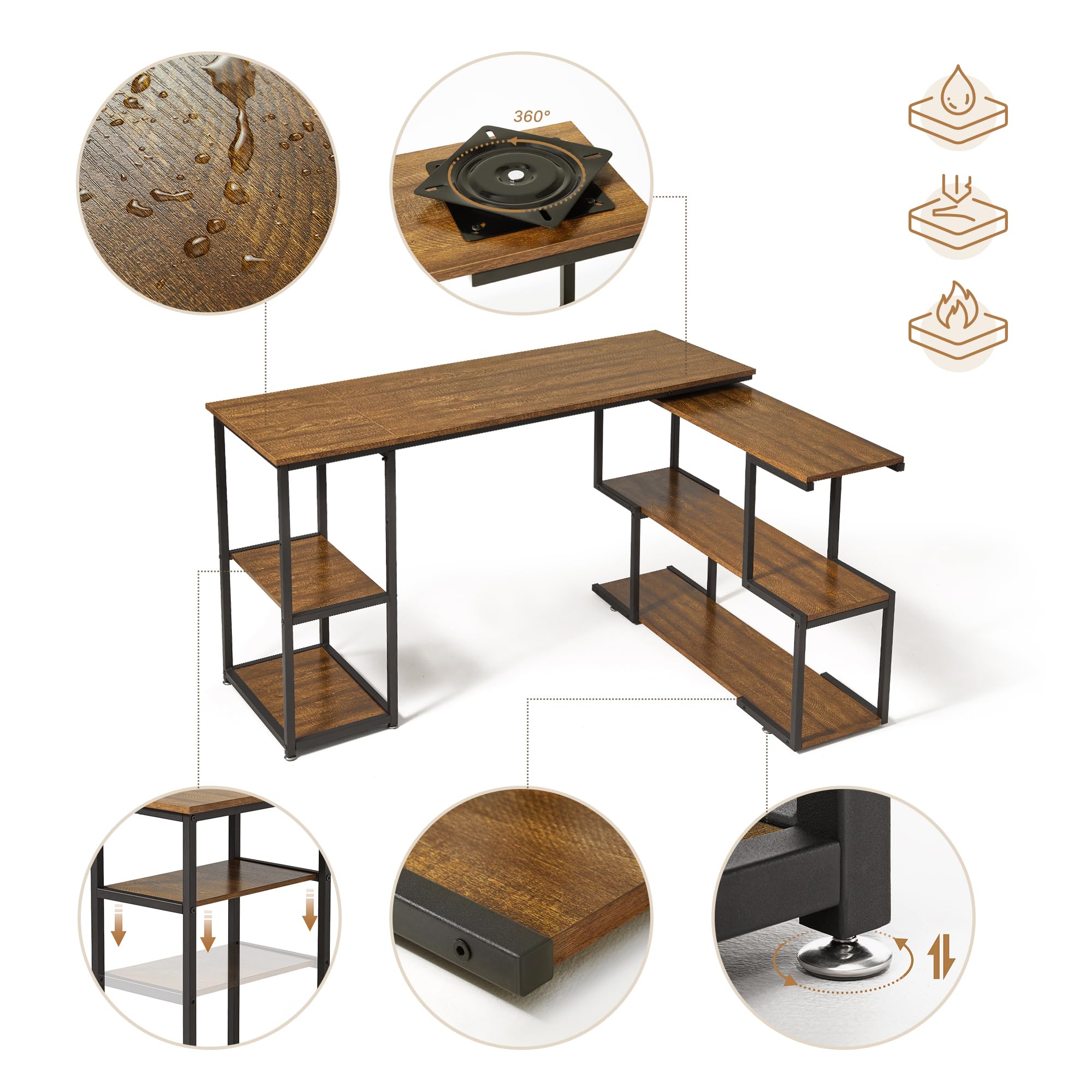 Mondeer Bureau d'angle,Bureau avec Rangement,135x110x75cm,Marron Rustique