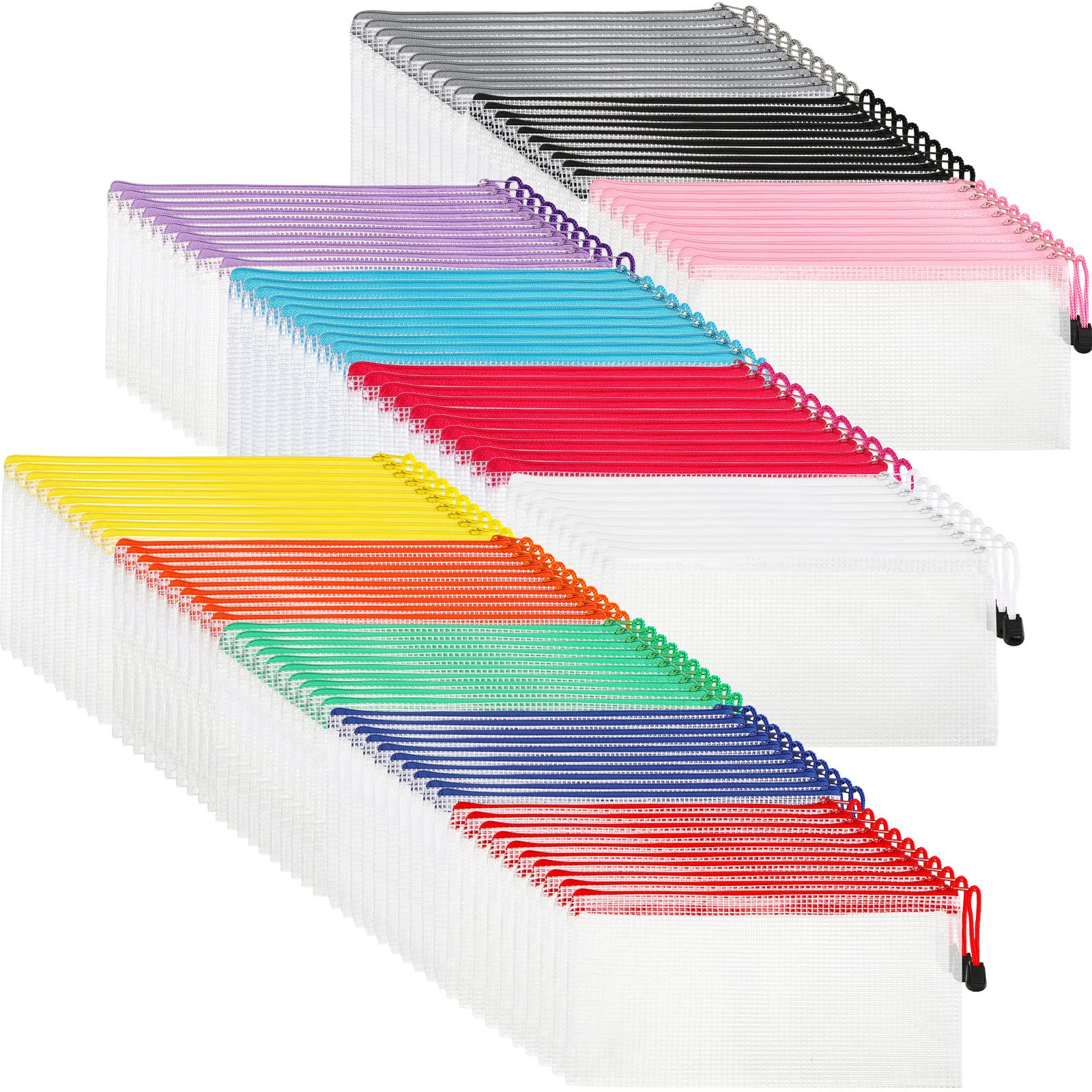 Sherr 120 Pcs Mesh Zipper Pouch Bulk Pencil Pouches 9.45'' x 4.53'' Small Clear Mesh Bags with Zipper A6 Waterproof File Bag Pencil Case for School