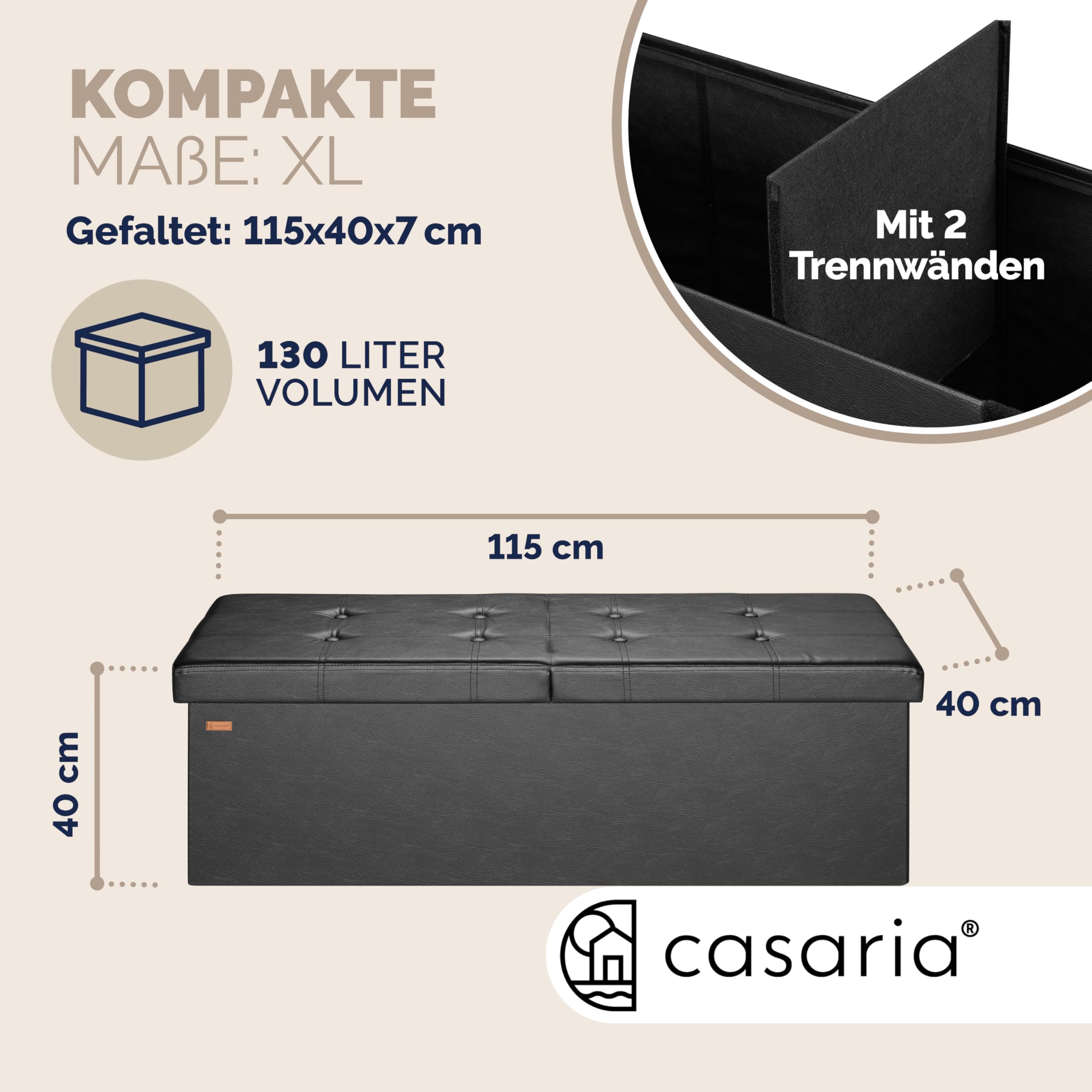 Casaria® Sitzbank mit Stauraum, Schwarz - Faltbar, 115 x 40 x 40 cm, 130L Volumen, bis 300 kg belastbar, gepolstert, Leinen-Optik - Aufbewahrungsbox mit Deckel, Sitztruhe mit Stauraum, Polsterbank