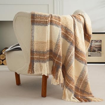Battilo Beige Plaid Throw Blanket for Couch, Mohair Tartan Blanket 50x60