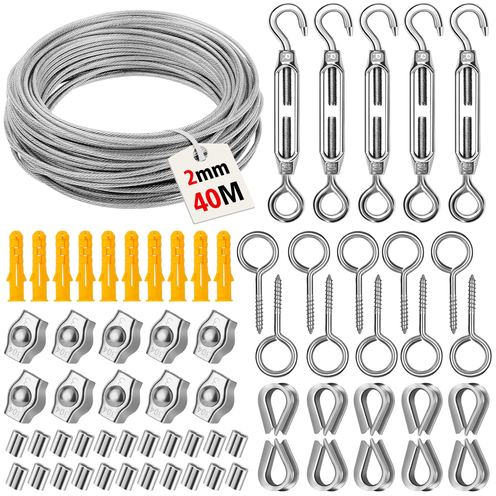 CGBOOM Drahtseil 2mm, 50m Edelstahlseil Ummantelt, 304 Edelstahl mit 20 Stück Kauschen und 20 Stück Crimphülsen für Rankhilfen, Lichteraufhängung, Zaun, Gardinenseil, Duschvorhangseil, Kletterpflanzen