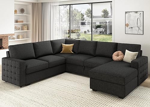 Miniatura 11 de HONBAY Sofá seccional con cama extraíble, sofá cama seccional con almacenamiento, sofás en forma de U para sala de estar, terciopelo beige