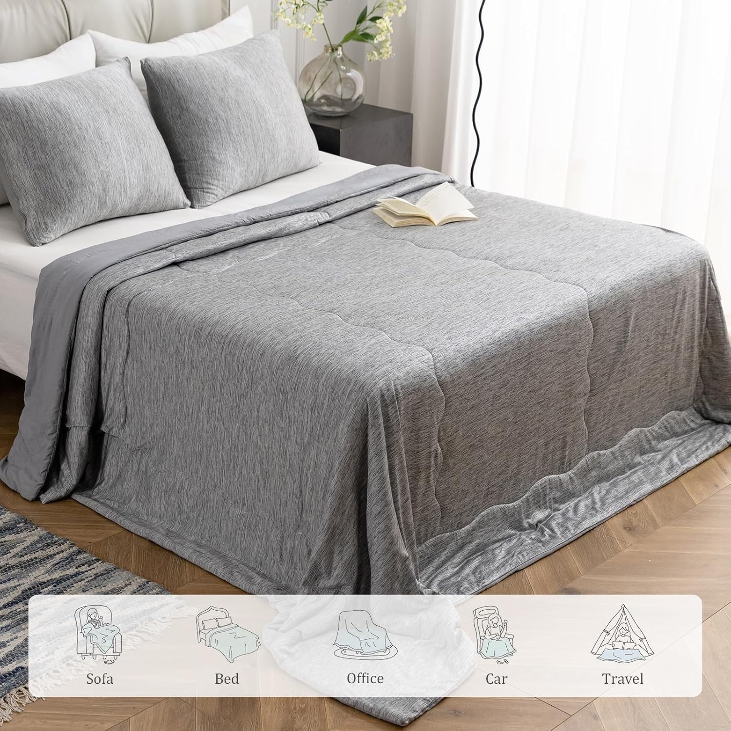 Manta Refrescante, Colcha Refrigerante de Verano Q-MAX >0,45 para Sudores Nocturnos | Manta Ligera, Suave y Ultra Transpirable para un Descanso Fresco, Gris, 228x228 CM
