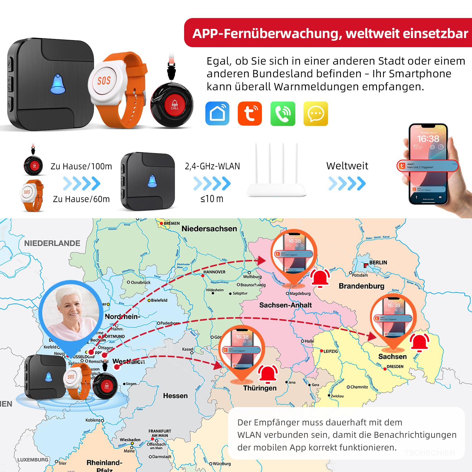 CallToU WiFi Tuya Smart Notfallknopf für Senioren,tragbares Notfallarmband Notrufknopf für Senioren,Hausnotruf mit 1 Notfallknopf,1 Armband,1 Empfänger für Senioren,Behinderte,Kinder