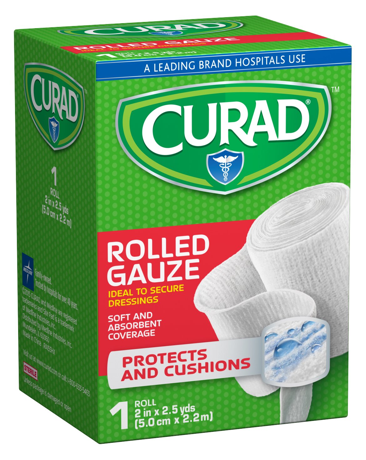 CURAD SoothePlus Prosorb Rolled Gauze, 2" x 2.5 yd., Not Made from Natural Rubber Latex, Pack of 24