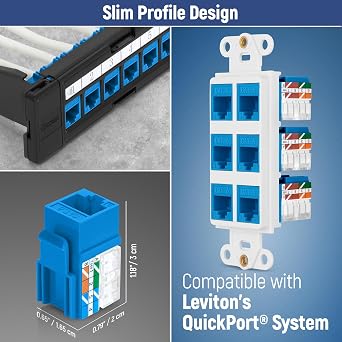 Everest 90 Degree RJ45 Cat6 Keystone Jacks Slim Profile 20-Pack Blue